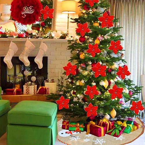 Miniatura 7 de 12 flores de Pascua artificiales de Navidad, flor de pascua roja con clip, adornos de árbol de Navidad, purpurina roja