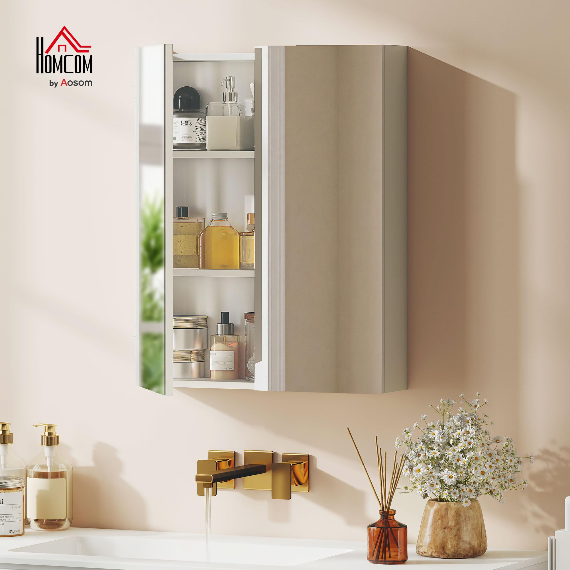 HOMCOM Armadietto Pensile da Bagno Due Ante con Specchiera e 2 Ripiani Interni, Mobiletto Bagno con Specchio e Soft Close in MDF, 60x15x75 cm, Bianco