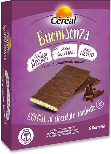 CÉRÉAL BUONI SENZA, Golosi al cioccolato fondente, Snack senza zuccheri aggiunti, Biscotti ricoperti di cioccolato senza glutine e senza lievito, 77 calorie per barretta, 102 gr, 6 barrette