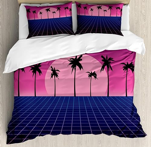Ambesonne Synthwave - Juego de funda de edredón, suelo de cuadrícula retro con siluetas de palma y diseño de vibraciones de vapor de los años 80,