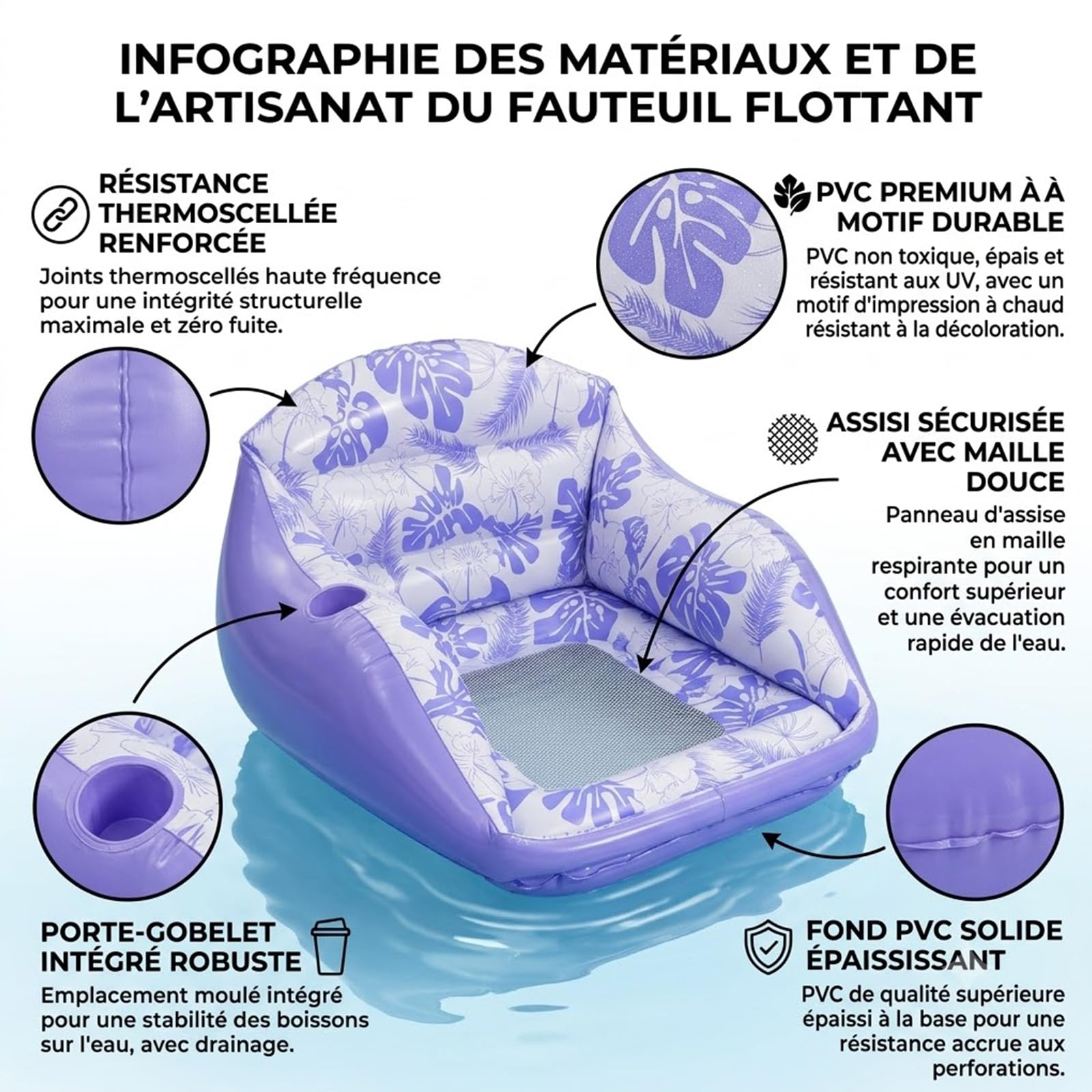 Fauteuil Flottant pour Piscine, Fauteuil Piscine Gonflable, Le Fauteuil Flottant Premium 4 en 1,Matelas et Fauteuil Flottant pour Adultes, Plage et Vacan