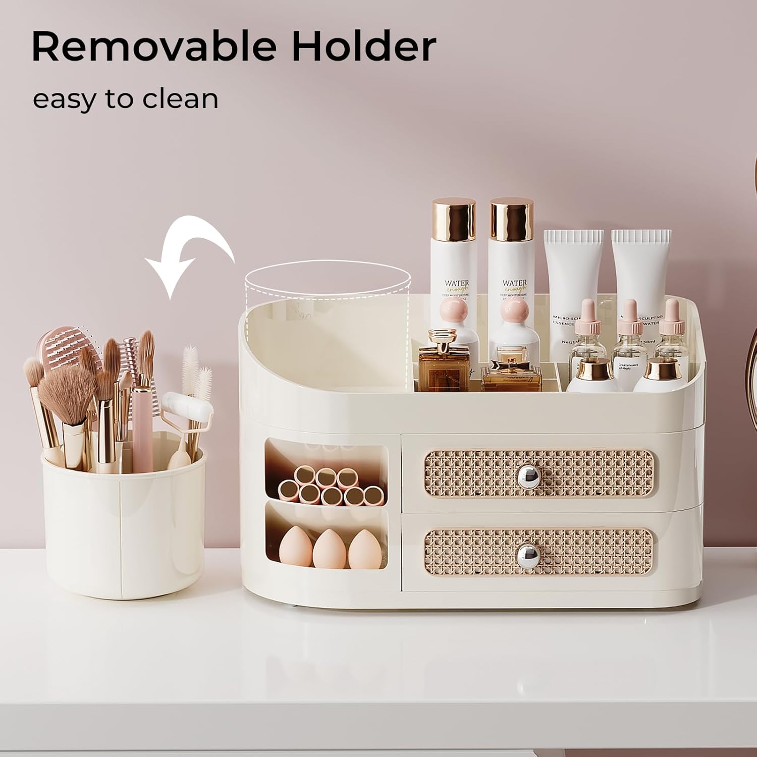 Makeup Organizer with Rotating Brush Holder, Bathroom Countertop Organizer with 2 Drawers, Easy to Store Hair Brush, Lipsticks, Perfumes, Skincare, Beige - Image 2
