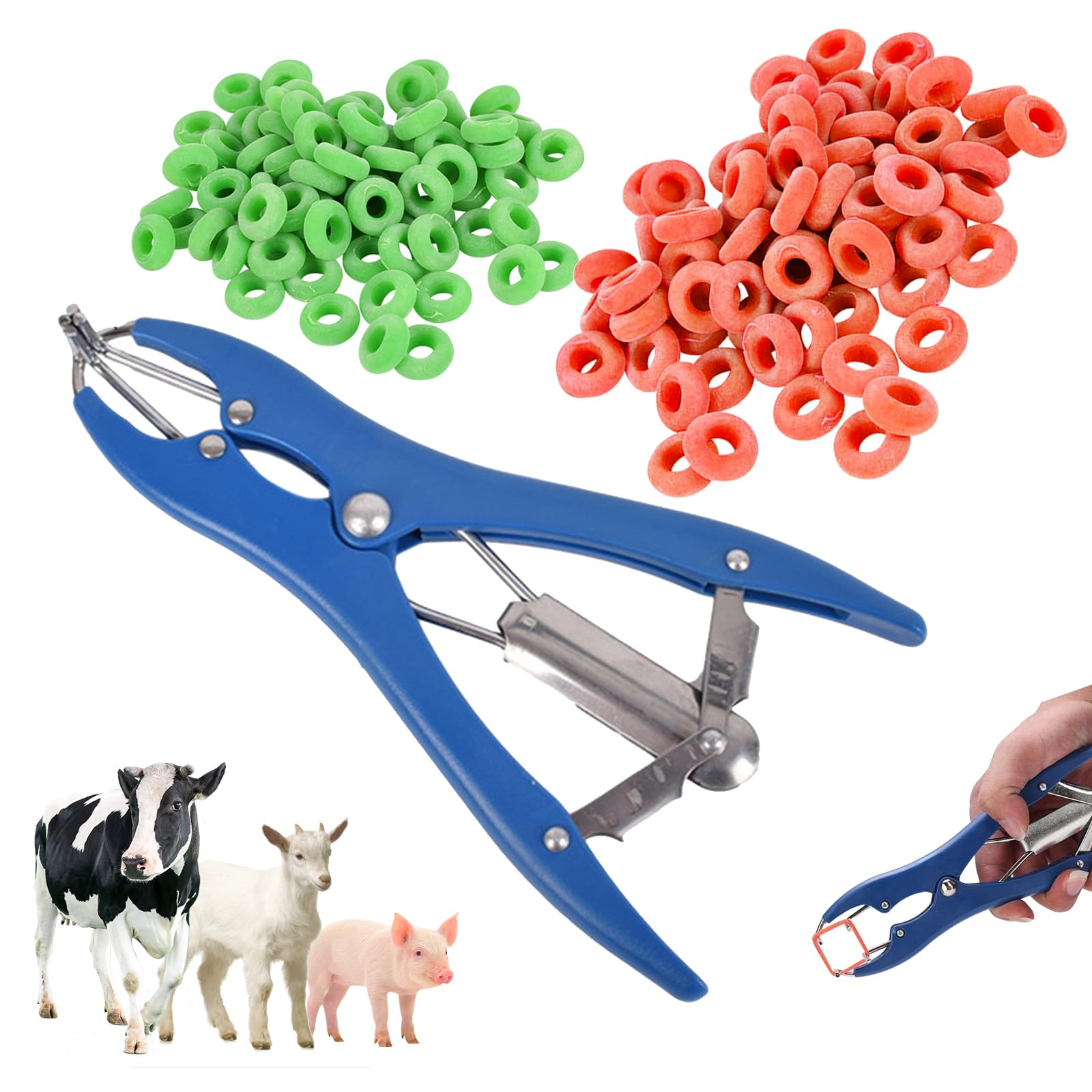 Kubdpqor Black Animal Castration Pliers, Elastrator Castration Pliers With 100 Rubber Ring, Castrator For Goats Sheep Castrating Tool, Animal Veterinary Surgical Tool