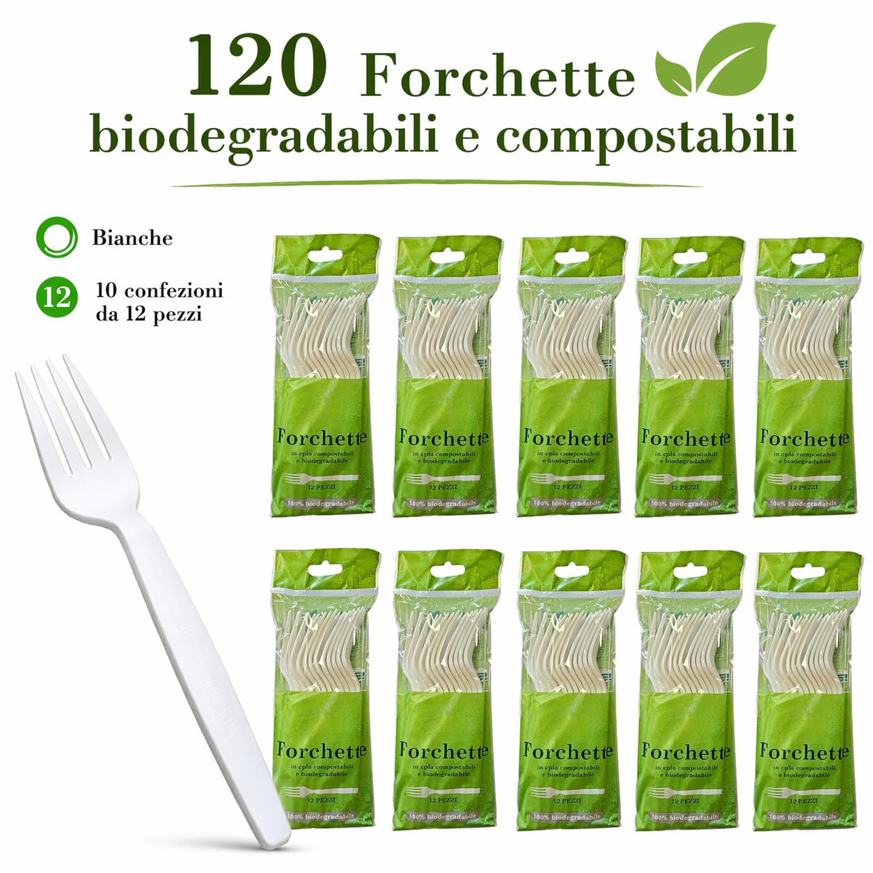 120 Biodegradowalne i kompostowalne widelce białe sztućce z włókna cukru 10 opakowań 12 sztuk organicznych zastawa stołowa Eco Friendly (120 widelców)