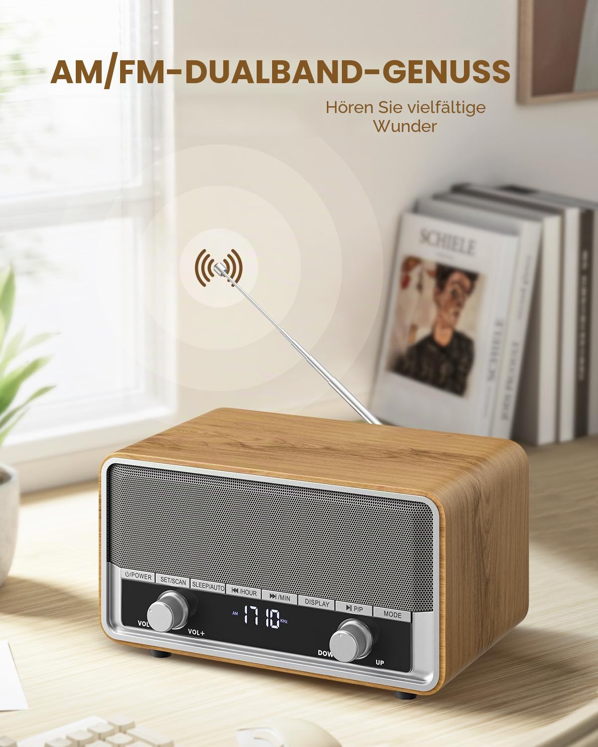 Retro AM UKW-Radio mit digitaler Wandstecker für Schlafzimmer mit LCD-Bildschirm, 40 Voreinstellungen, Schlaftimers, Retro-Bluetooth-Lautsprecher für Büro, gutes hölzernes Geschenk