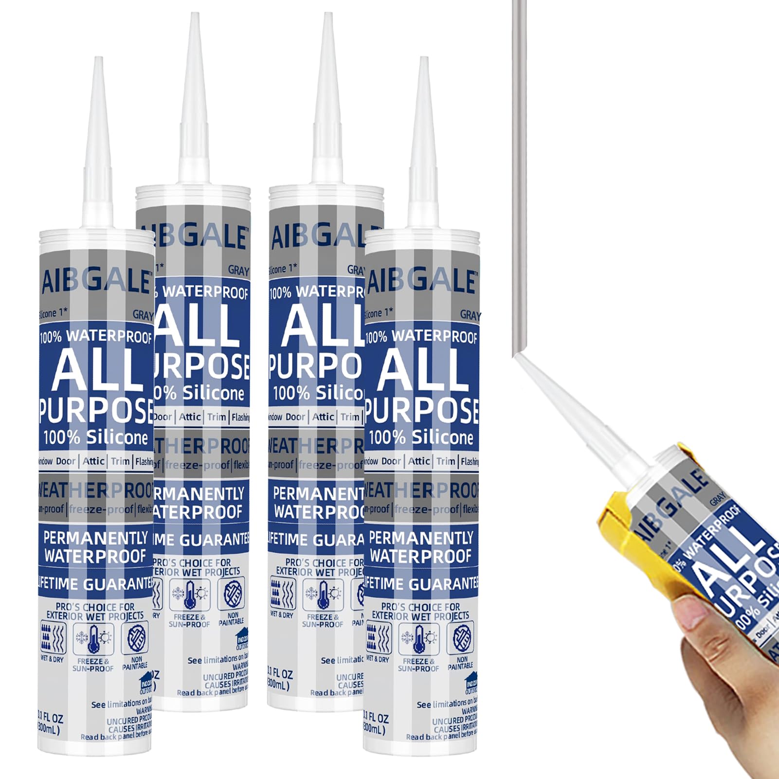 4 Packs Gray Silicone Sealant, All-Purpose 100% Waterproof Silicone Caulk, Adhesive CaulkingSilicone for Indoor Outdoor Windows, AquariumBathtub Auto Leak Seaing. 10.1 0z (4)