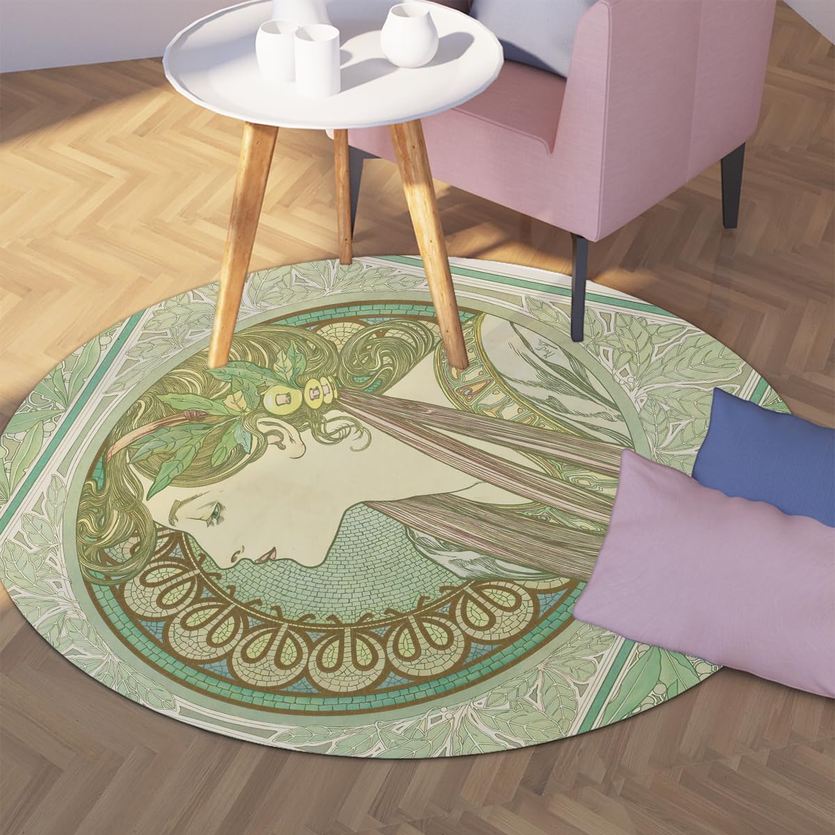 Vintage-Rundteppiche für Frauen Wohnzimmer 120cm | Boho-grüner Druck Schlafzimmer-Kreisteppich rutschfest waschbarer Teppich für Esszimmer, Eingangsbereich, Kinderzimmer, Büro