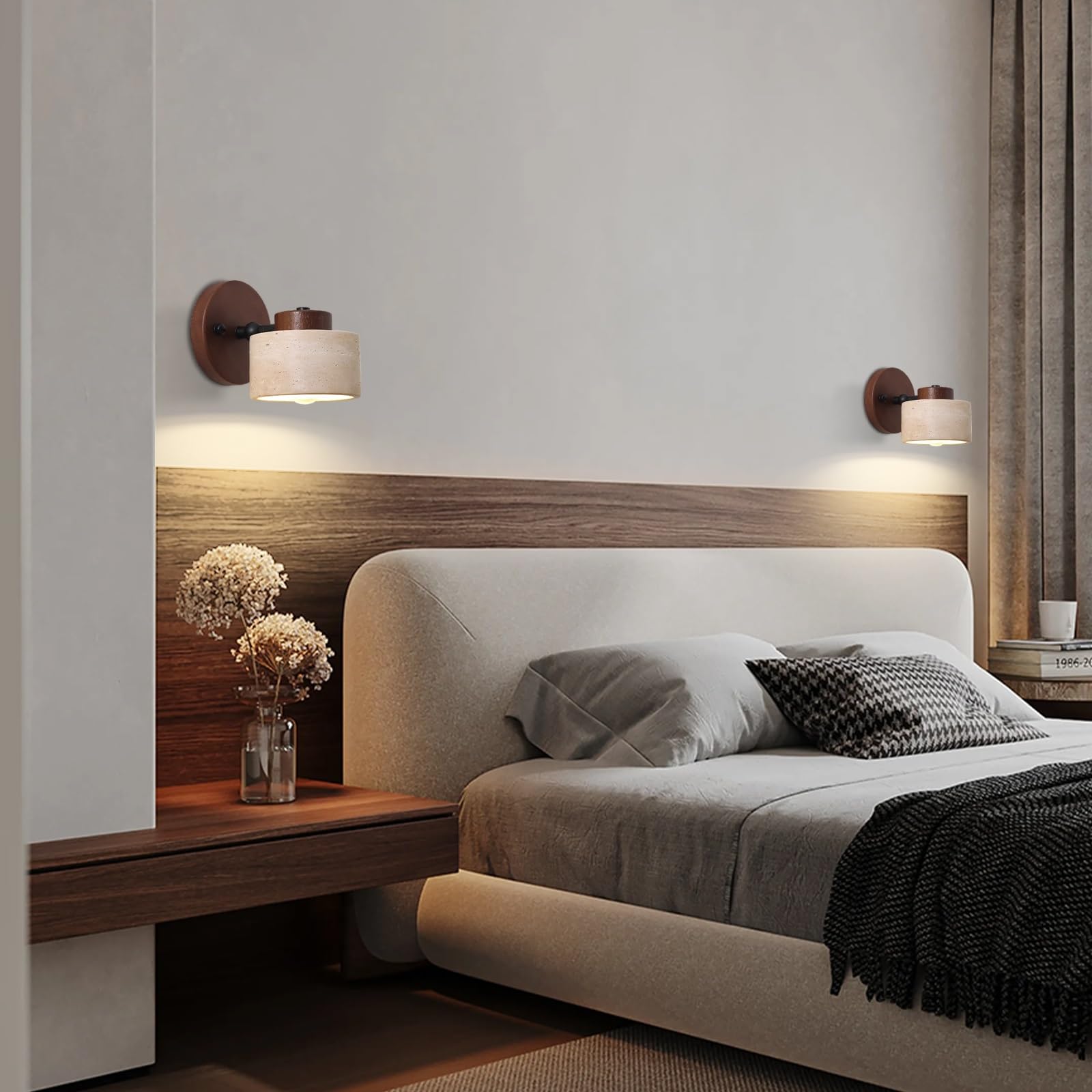 Lámpara de Pared WABI-sabi de travertino, Aplique de mesita de Noche, luz de Lectura Ajustable, lámparas de Madera con Pantalla de Piedra Natural, portalámparas E27, Luces Modernas
