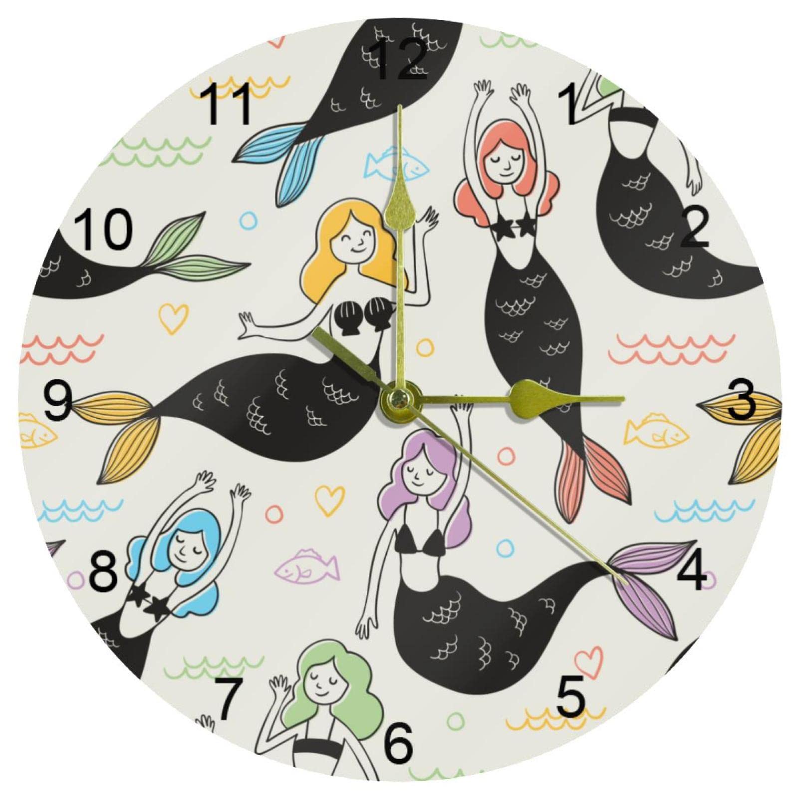 Horloge murale silencieuse sans tic-tac 25 cm anti-insomnie motif sirène pour chambre d'enfant