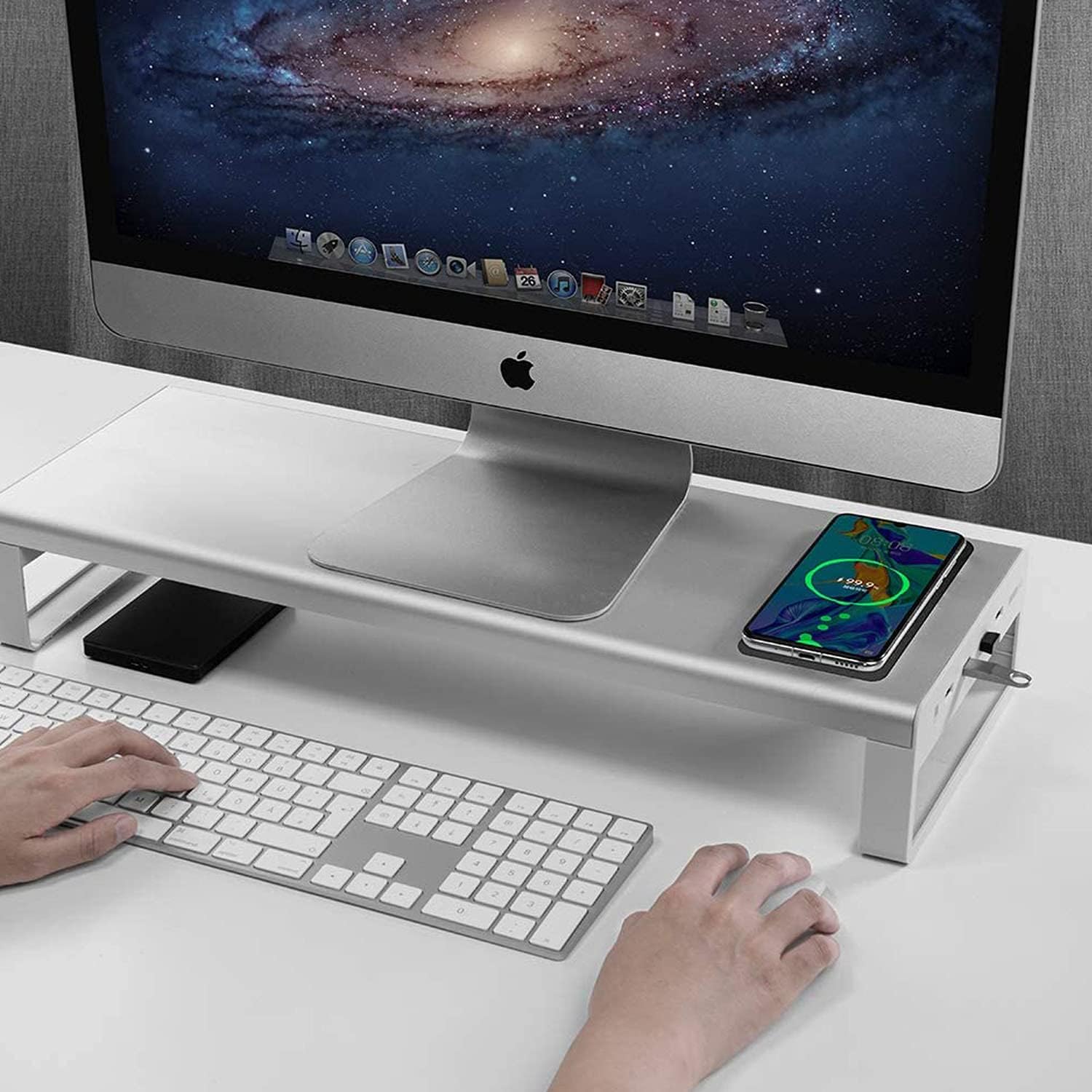 OTM Essentials Slim Aluminum Monitor Stand, Desk Riser with Non-Slip Padding and Tilted Surface, Versatile Home Office Essentials, Equipped with 4 USB Ports