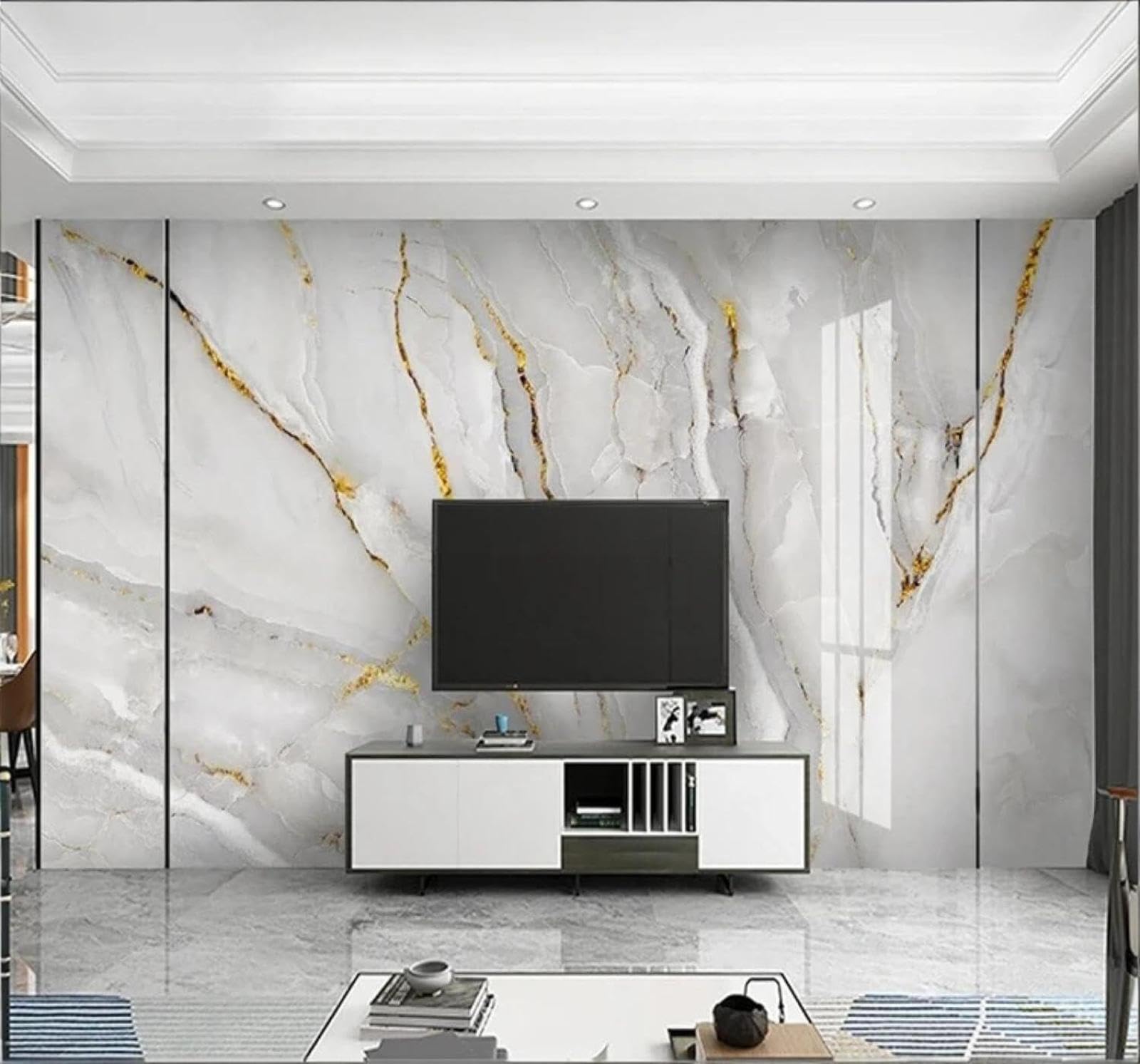 XLMING Luxury Gold White Marble Effect Landscape 3D Wallpaper Luxury Silk Study Dining Feature Sofa Grey Bedroom Living Room Tv Decorative Wall-300cm×210cm
