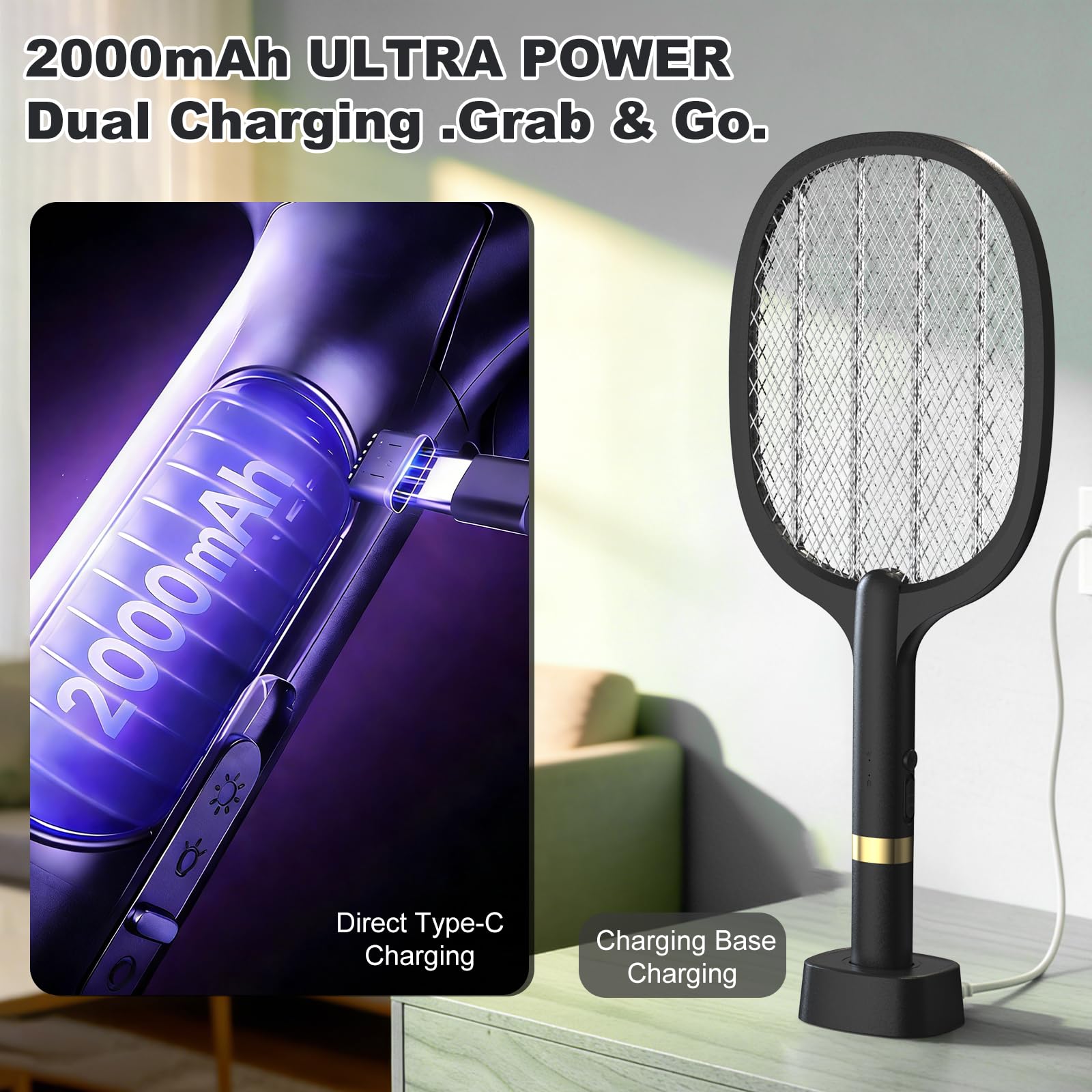 Matamoscas eléctrico, extrafuerte, atrapamoscas eléctrico con base de carga USB C, 2 en 1 eléctrico, matamoscas para mosquitos, moscas, abejas, polillas, 2 PS, negro