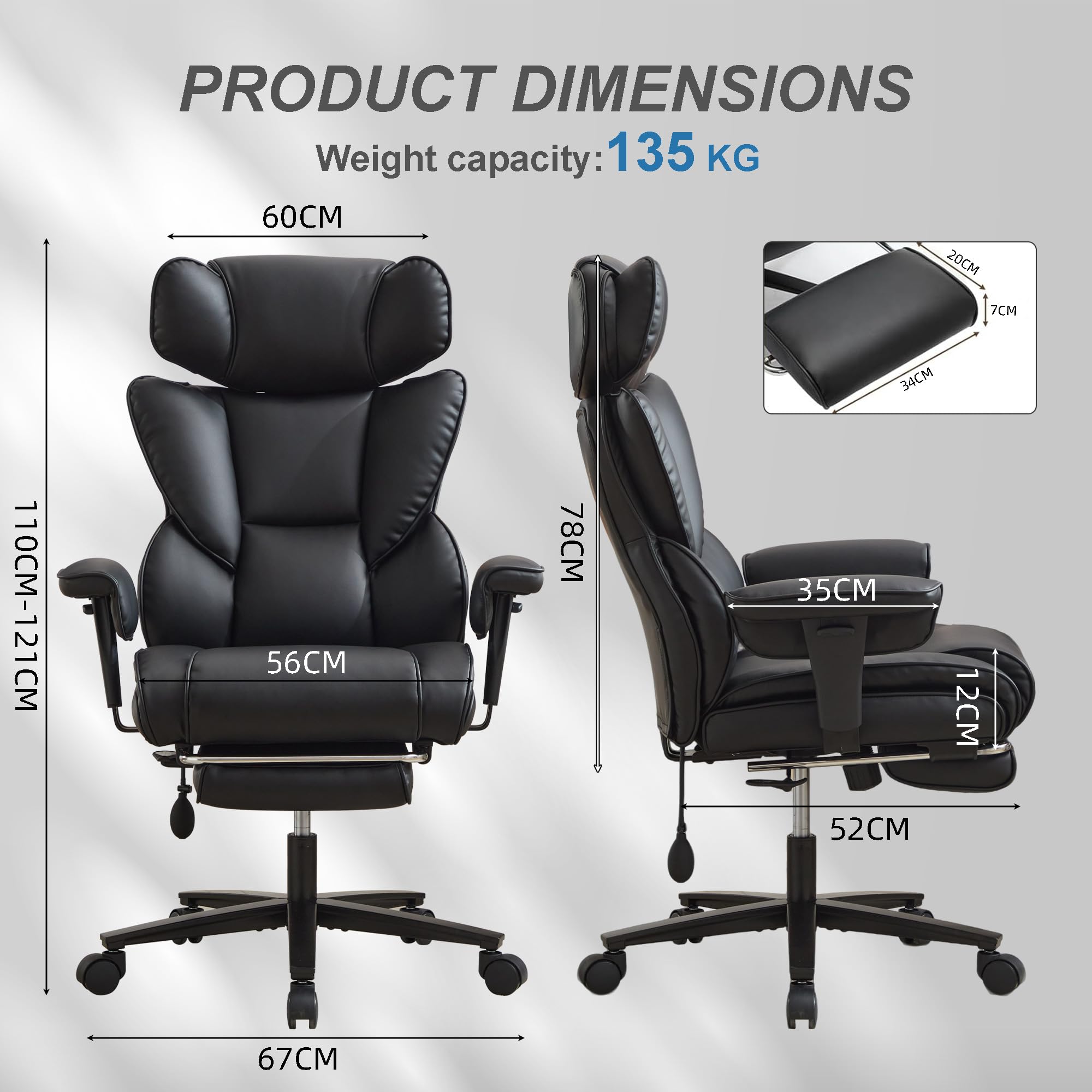 Sedia da ufficio con poggiapiedi e supporto lombare, sedia da gaming ergonomica in pelle PU con poggiatesta regolabile, poltrona relax con schienale alto con funzione di inclinazione 90-130°, sedia