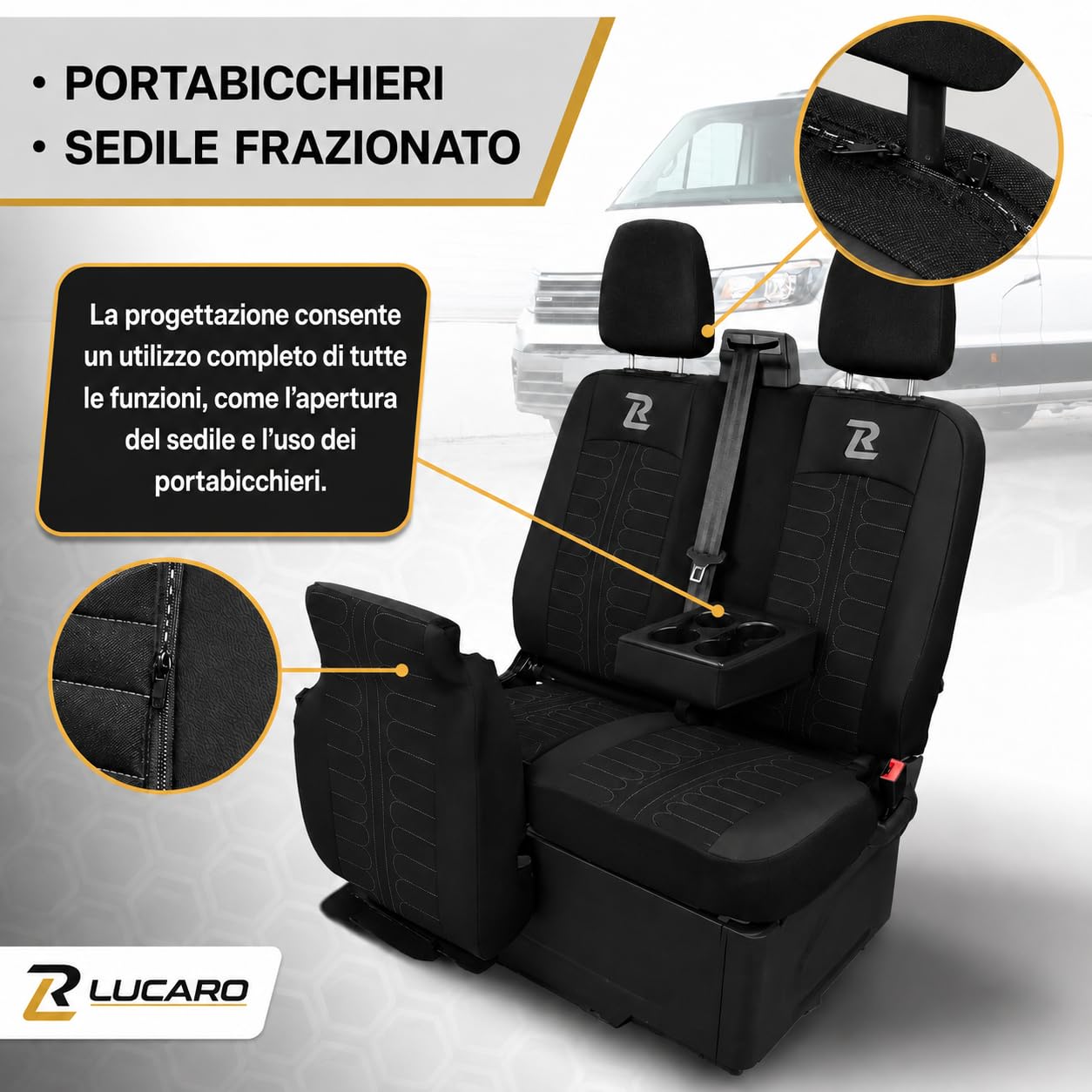 Lucaro Funda de Asiento para Ford Transit Desde 2013, Gris | Juego de fundas 1+2, funda protectora para asiento delantero con ecopiel, materiales certificados