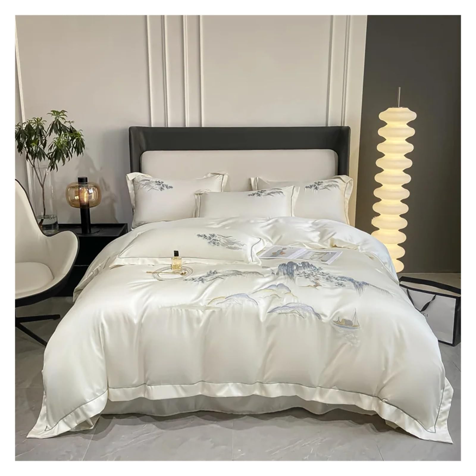 Amazon.co.jp: ベッドキルトセット, 新しい中国風の風景刺繍高級寝具  