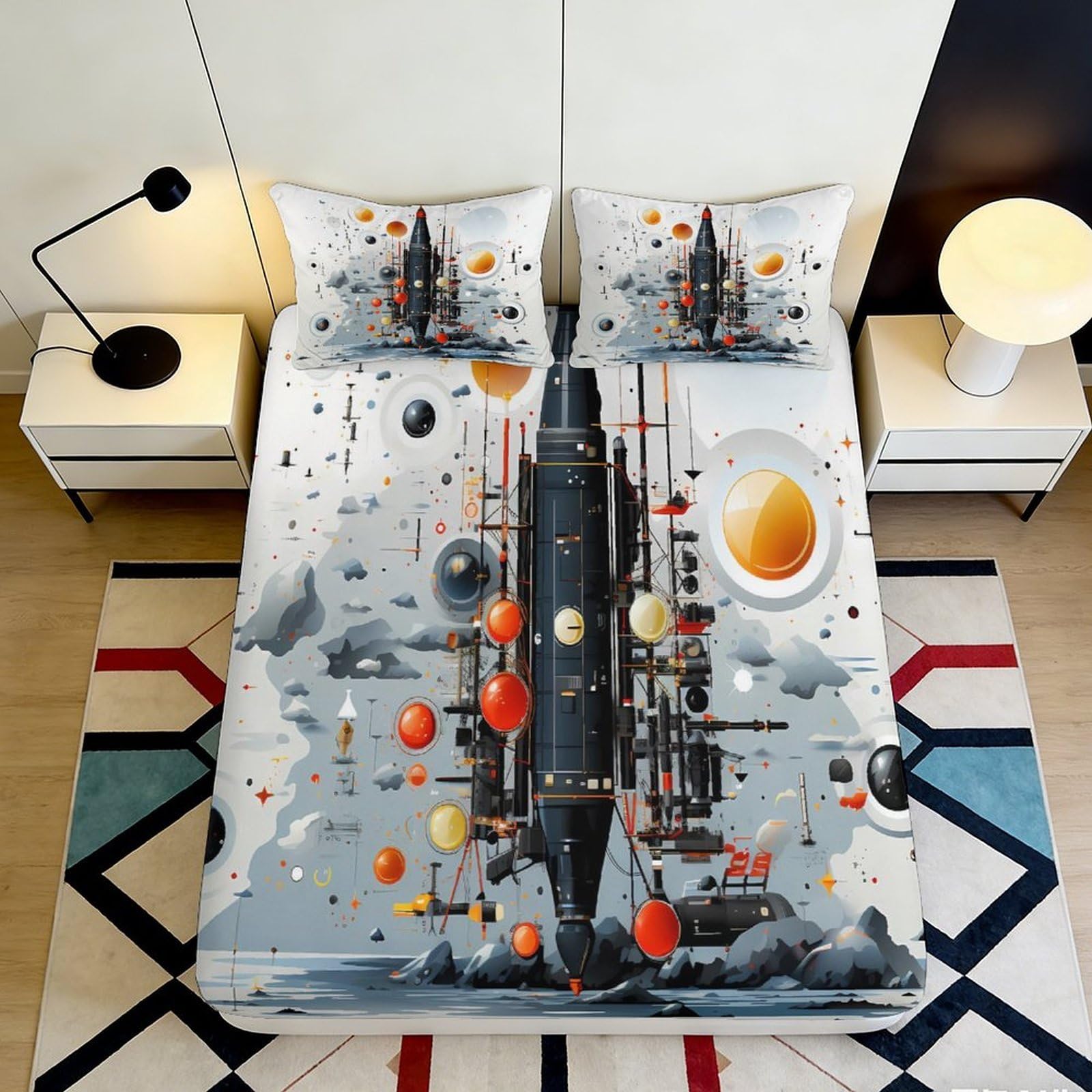 Pnayamiorkfel Style-4 3D Printed Space Rocket Fitted Sheet Microfiber Modern Astronaut Planet Bed Cover For Bedroom Dorm Mattress Protection Decor 90X200x25cm