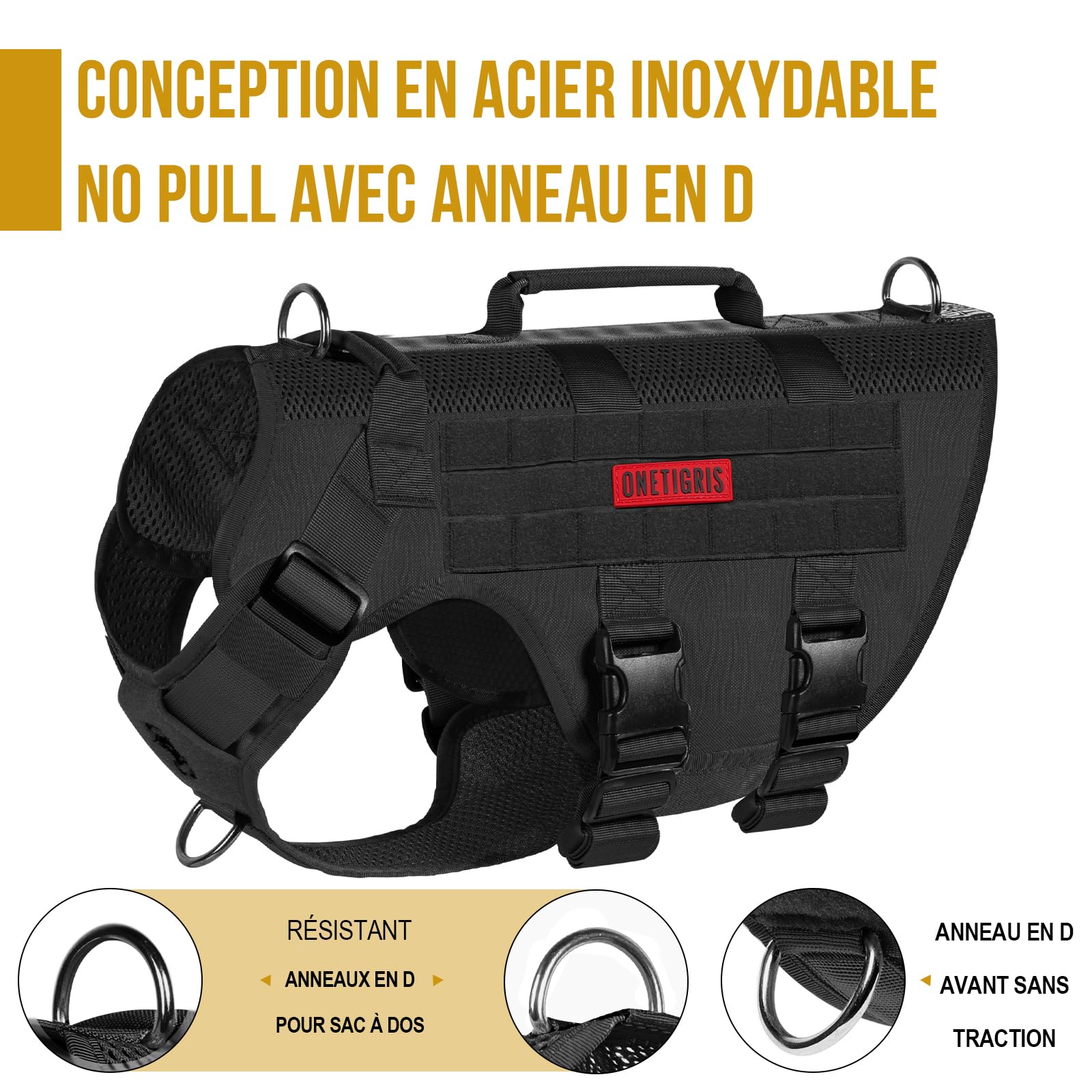 OneTigris Harnais de sécurité réglable pour chiens de grande et moyenne taille, En maille Aire, Ultra respirant, Avec 2 poignées, Gilet pour chien