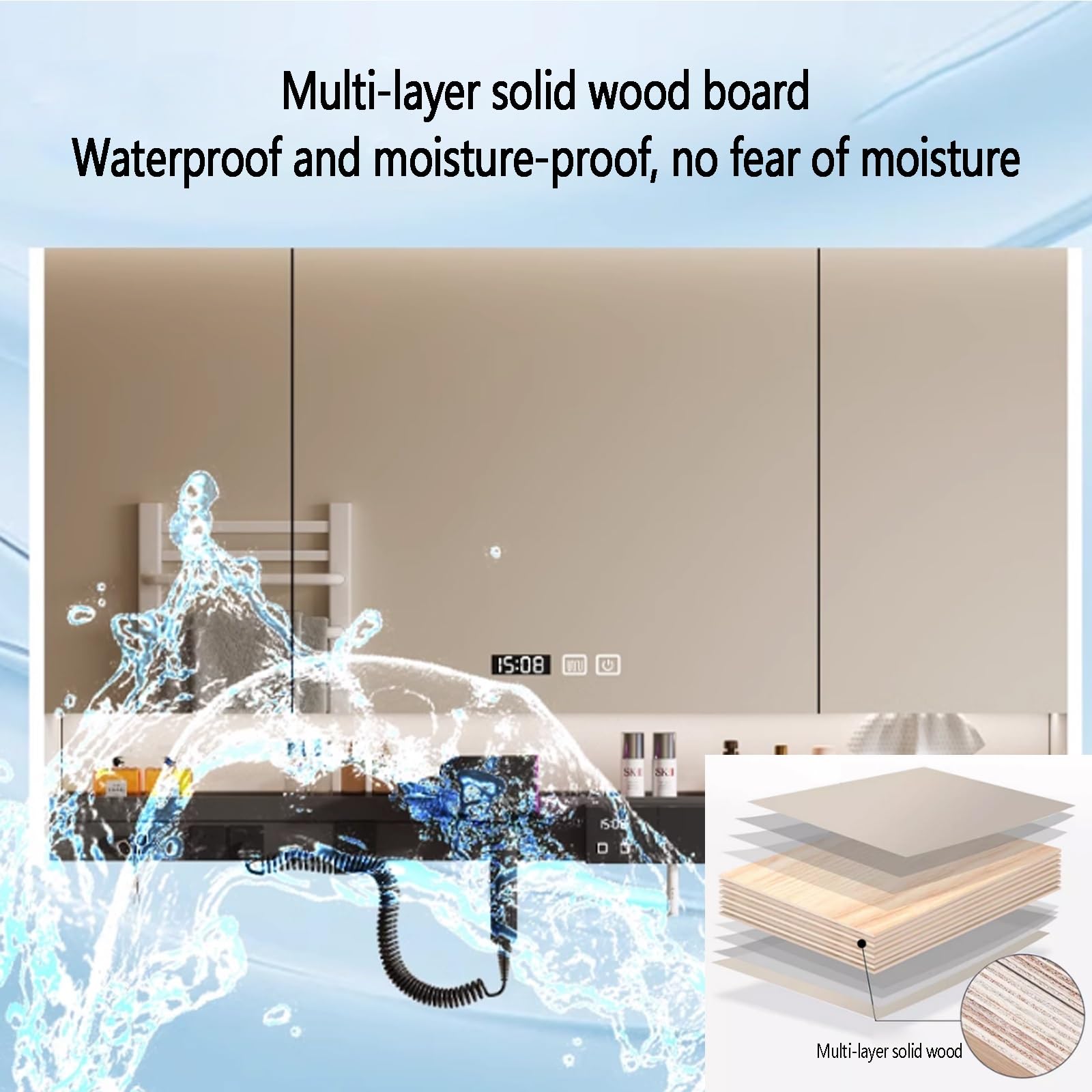Multifuncional Armario con Espejo for Cuarto de Baño,Armario de Pared Rectangular Antivaho,Gabinete De Espejo De Tocador De Baño Montado En La Pared con visualización de la hora,agujero de papel,estan
