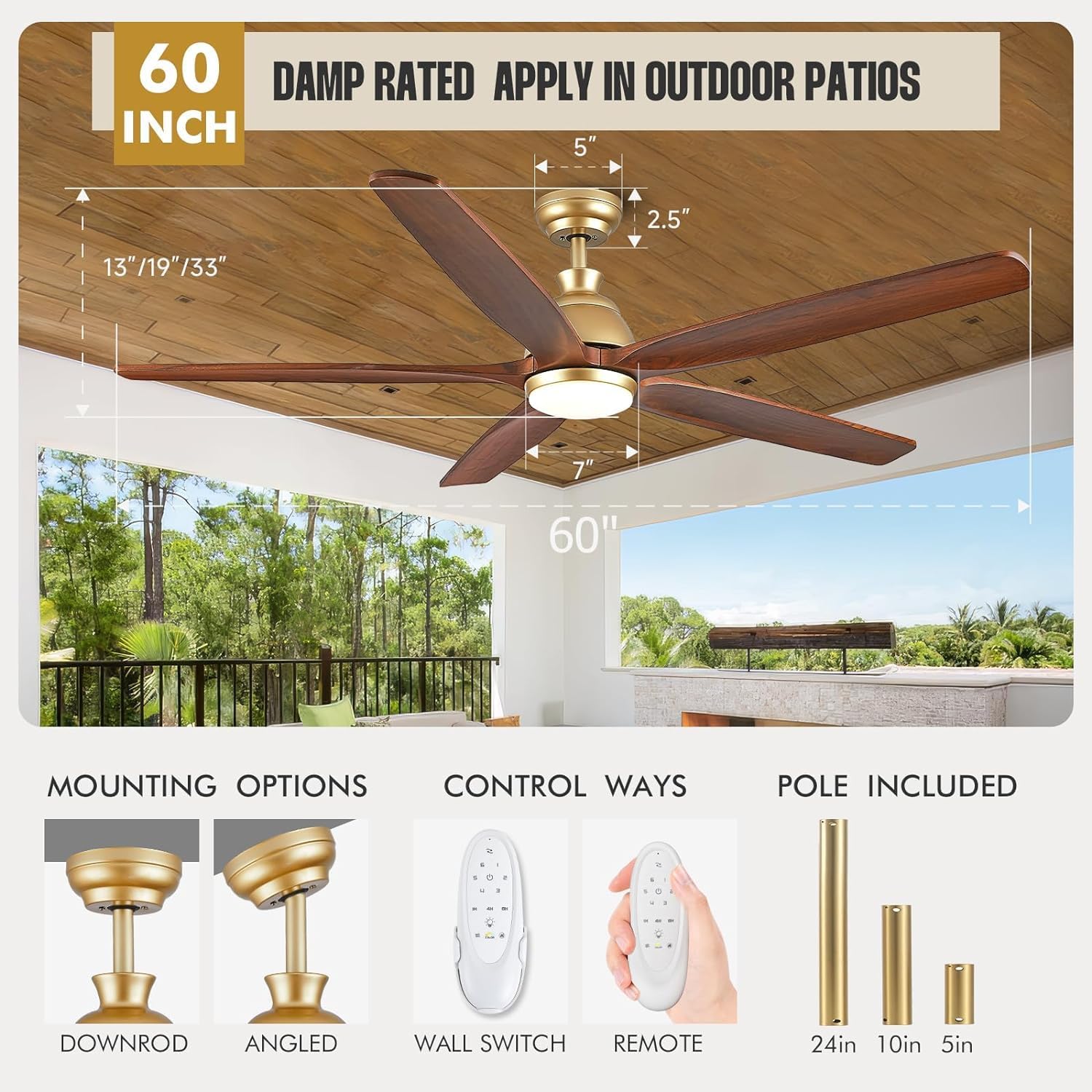 Modern Gold Ceiling Fan with Lights 60 Inch Farmhouse Outdoor Ceiling Fan for Patios Remote Control 5 Blade Walnut Fan with Dimmable Light Reversible DC Motor for Bedroom Gazebo