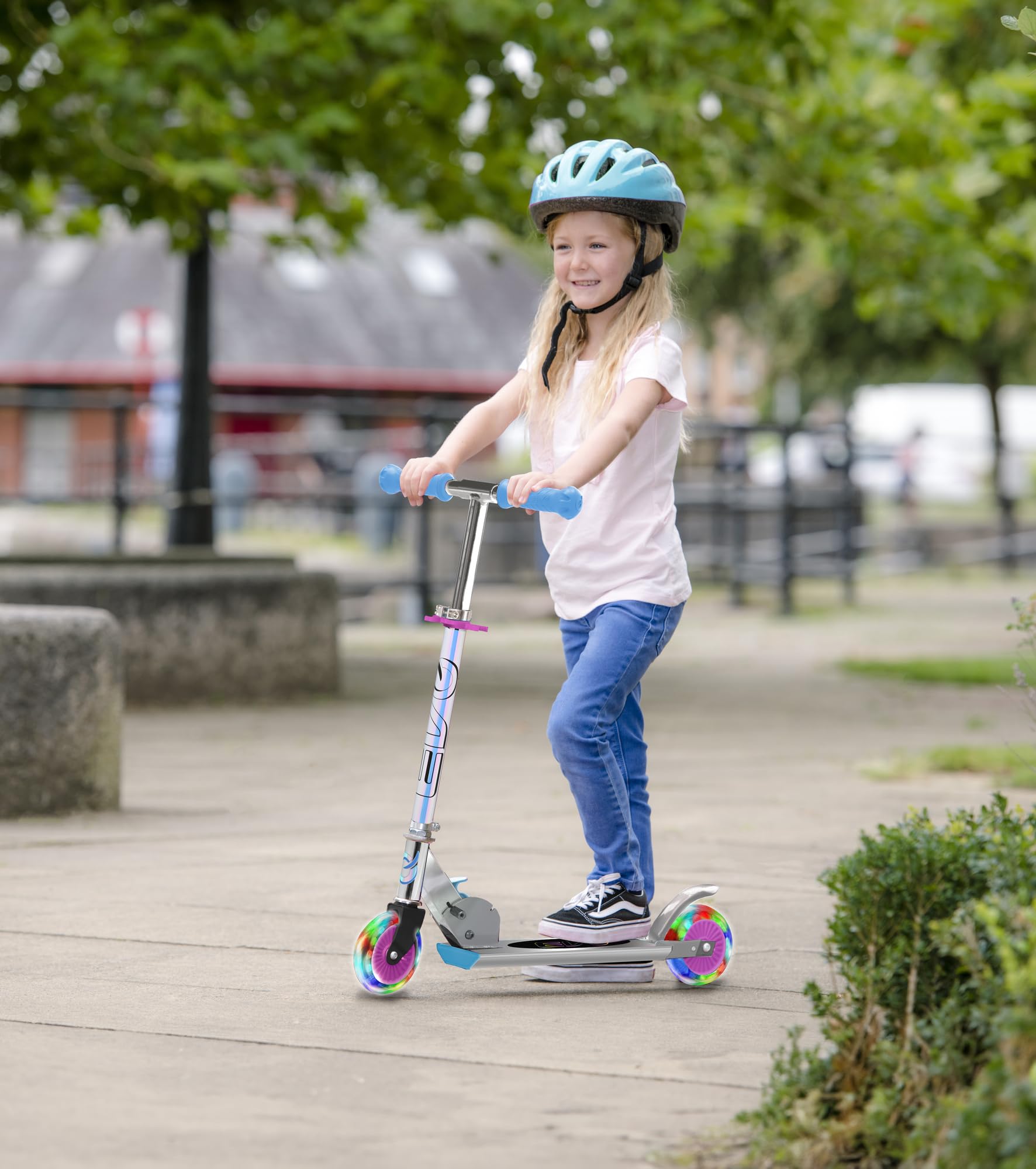 Evo Patinete holográfico en línea de 2 ruedas, color rosa y azul