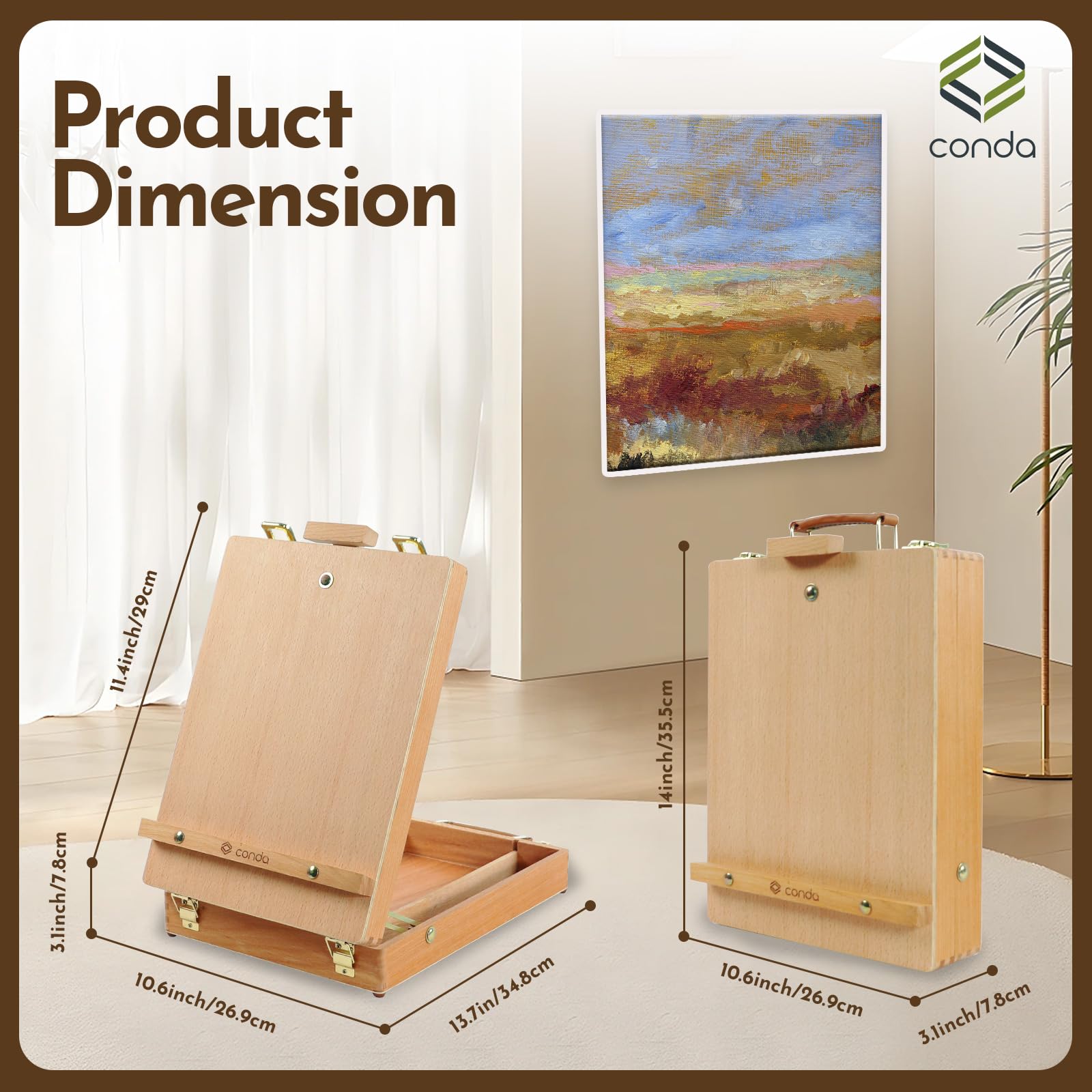 CONDA Caballete de mesa, caja de bocetos de madera de haya para pintar, caballete de pintura portátil para artistas, estudiantes, pintores