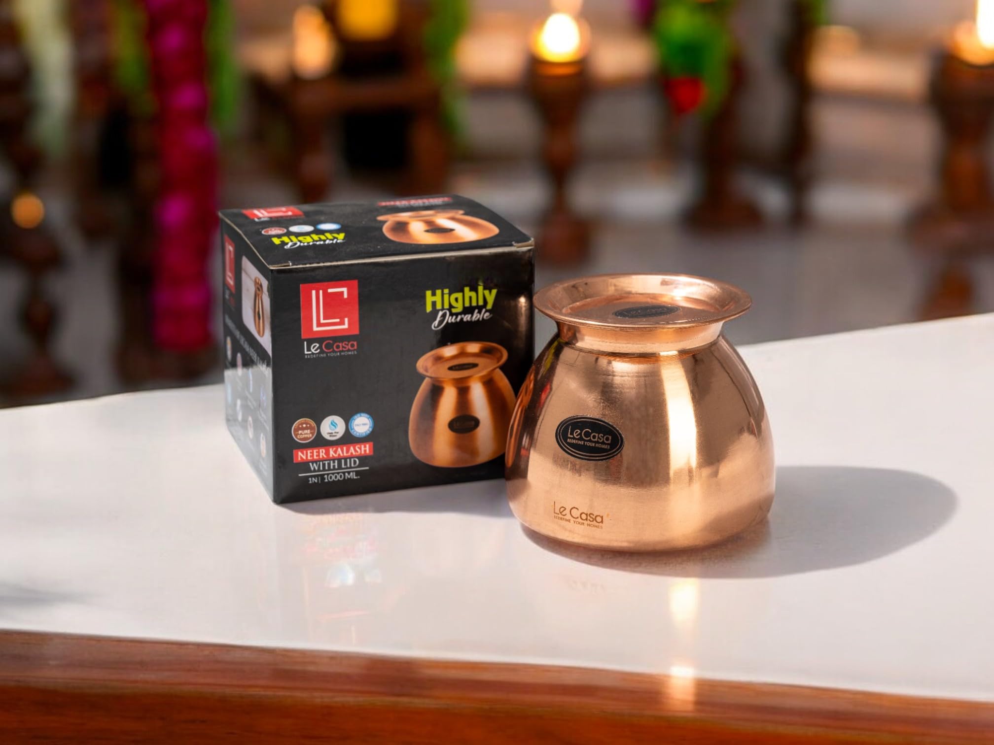 LeCasaNeer Copper Kalash with Copper Lid | Capacity - 1000ML | 100% Pure Copper with ISO Certification |