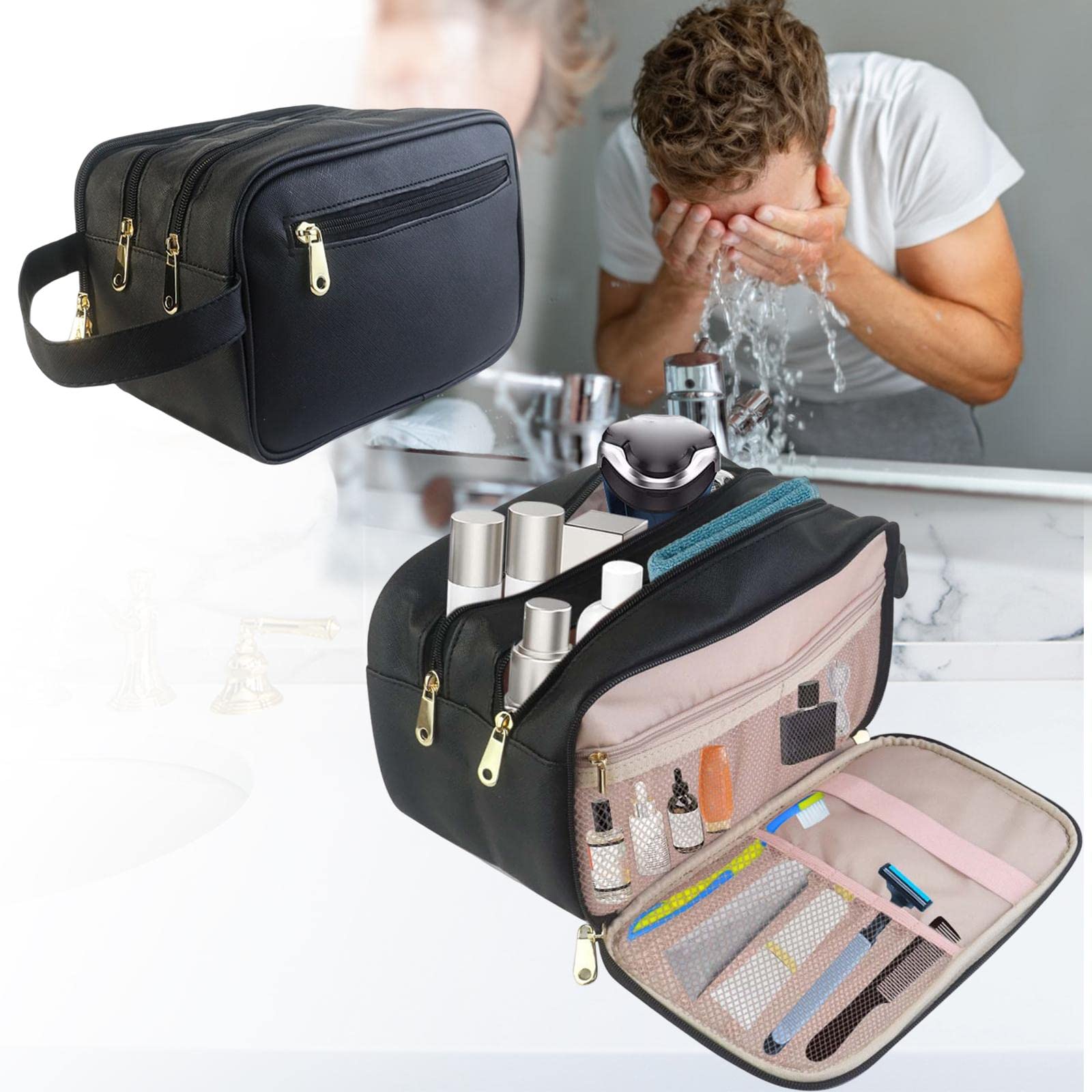 Neceser para hombre, impermeable, para artículos de tocador, accesorios, brochas y herramientas, Juego de 3 (negro), 28cmx15cmx18cm, como se muestra en la