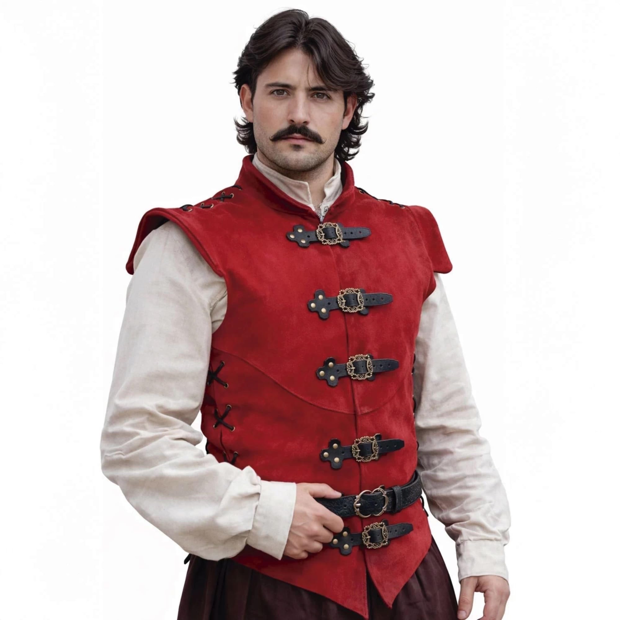 RAWBLADE Diego Red Medieval Splitleather Jerkin for Men, Leather Tunic & Armor Vest, Renaissance Pirate Costume, Sleeveless Waistcoat for Ren Faire & Cosplay