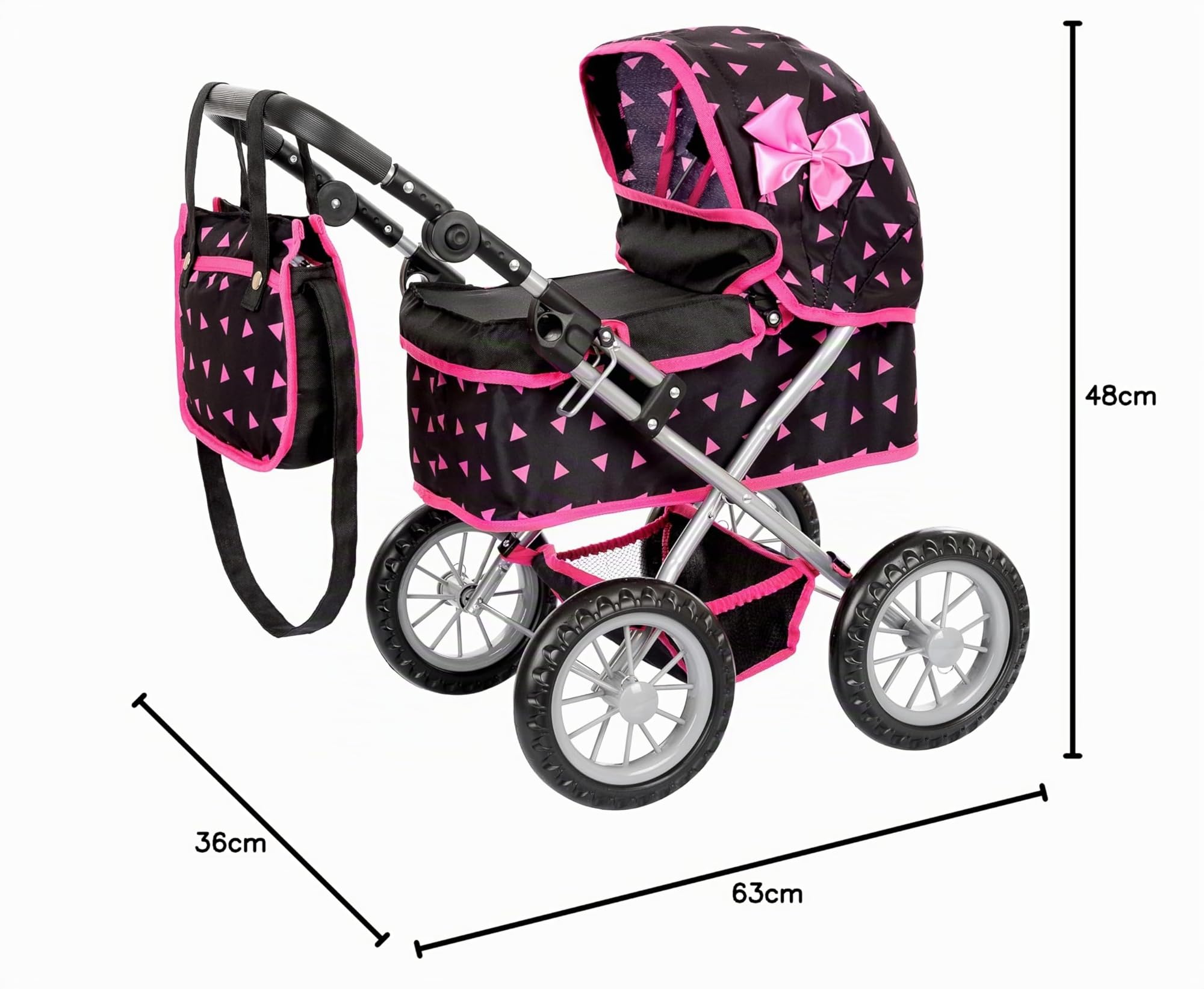 Kinderplay Carrozzina per Bambole con Gondola – Manico Regolabile 33–63 cm – Adatta a Bambole fino a 41 cm – Ruote in Schiuma Silenziose – Passeggino Giocattolo 3+