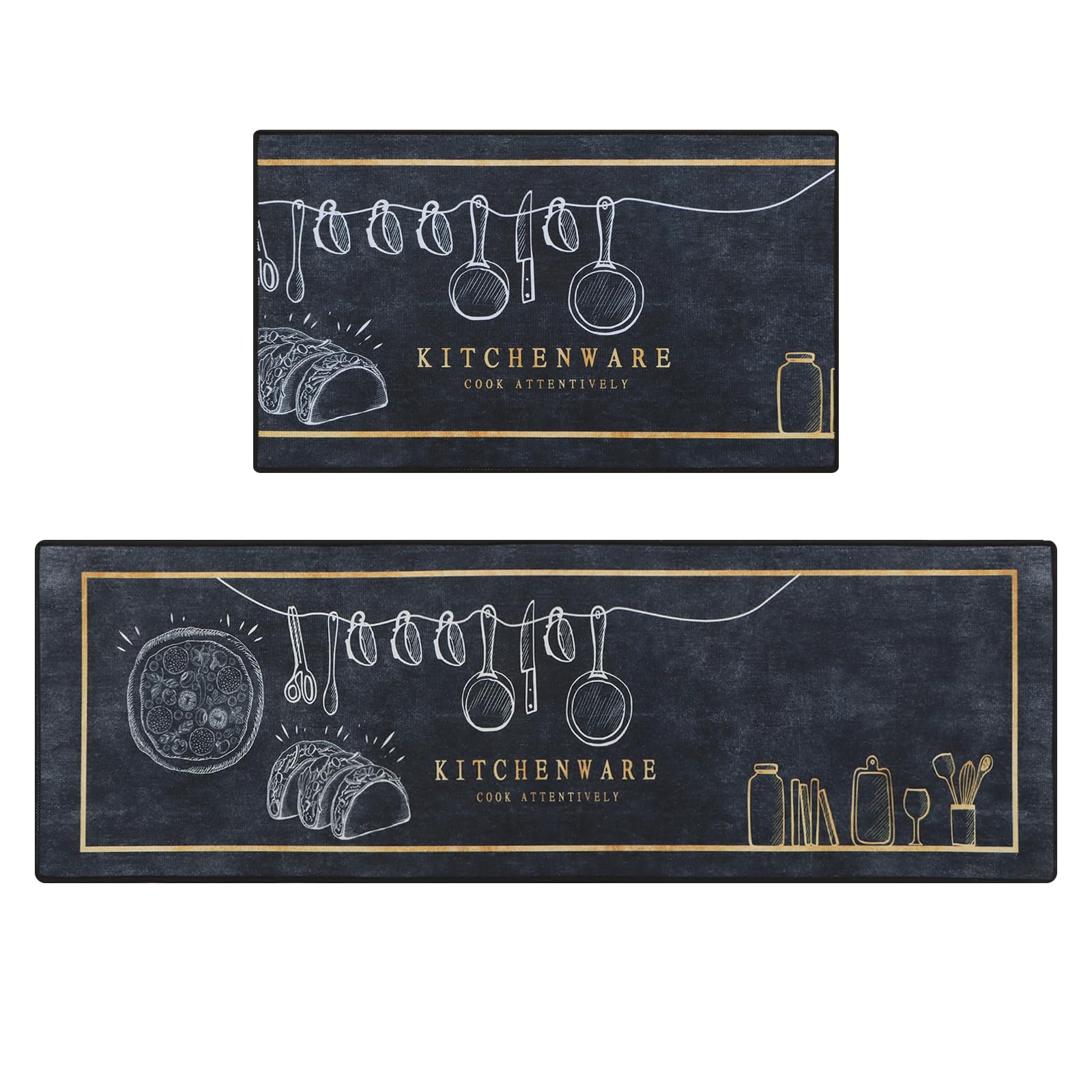 Juego de alfombras de Cocina,2 Piezas Antideslizantes Lavables Alfombrillas de Cocina y alfombras Runner Set,Lavable alfombras de Piso,Negro,40x60+40x120cm