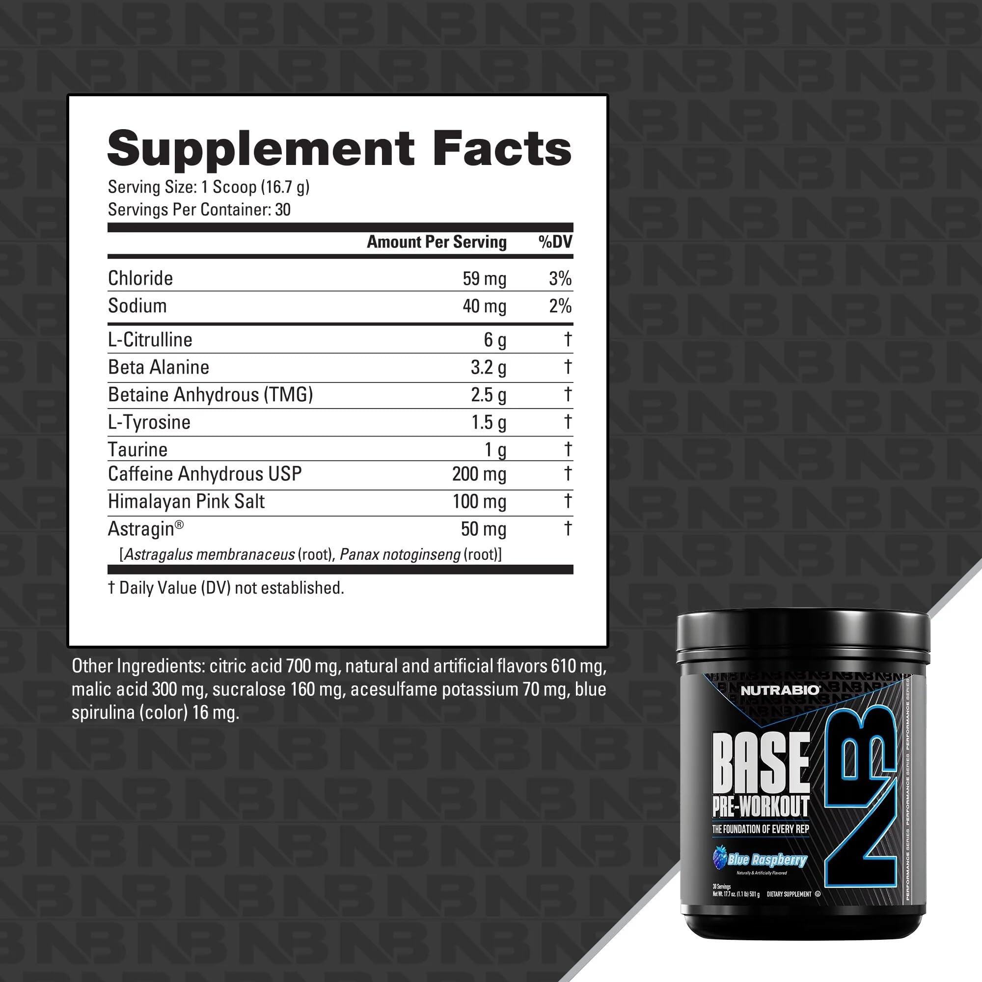 NutraBio Base Pre-Workout Powder 200mg Caffeine, Sustained Energy, Focus, Endurance, Pump, Sugar Free, Clean Preworkout for Men and Women - Beta Alanine, L-Tyrosine, 30 Servings - Blue Raspberry — Amazon image 4