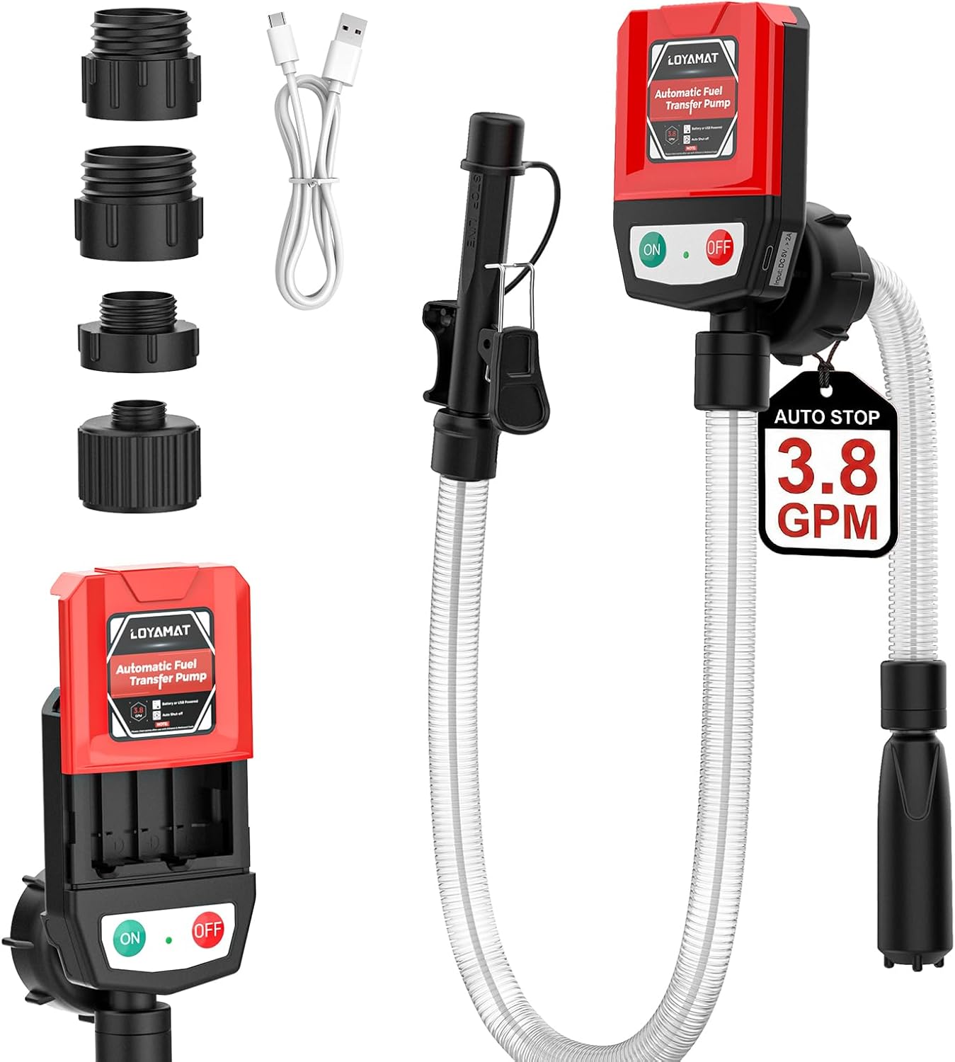Automatic Portable Fuel Transfer Pump with Auto-Stop & 30s Alert, Fast 3.8 GPM Electric Gas Can Pump with Battery or USB Powered, 4 Adapters & 51" Hose, Liquid Transfer Pump for Gasoline, Diesel, Oil