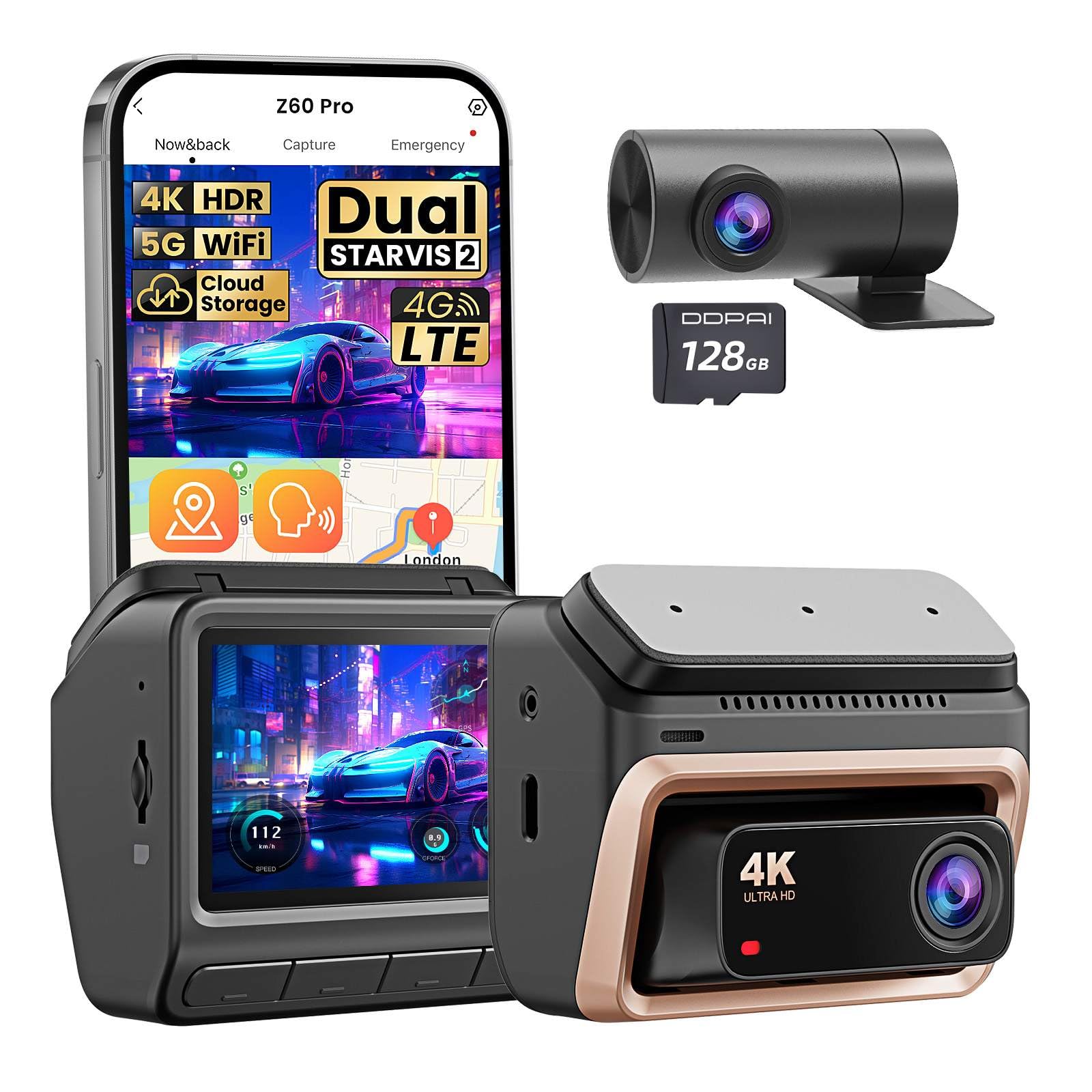 DDPAI Z60 Pro Dashcam 4K, Dual STARVIS 2 IMX678 60FPS, 32GB eMMC Integrado + Tarjeta 128GB Gratis, Visión Nocturna AI ISP, 4G LTE, WiFi 6 5GHz GPS, Modo Aparcamiento 24h, Pantalla IPS 3"
