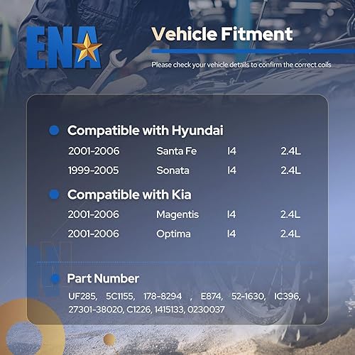 Miniatura 7 de ENA Juego de 2 bobinas de encendido compatibles con Kia Optima Santa Fe Magentis Sonata L4 2.4L Reemplazo para UF-285 C1226
