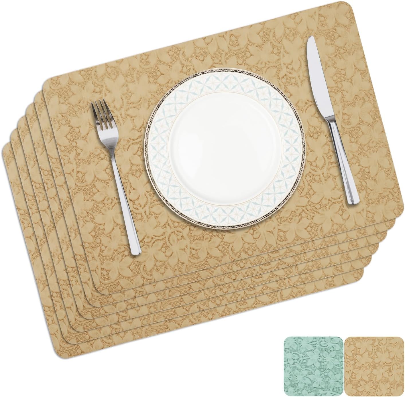 18 x 12 inch Set of 6 Faux Leather Placemats Flower Pressed Waterproof Table Mats,Dual Sided Retro Place Mats for Kitchen Dinner Daily, Meals Table Decor, Green