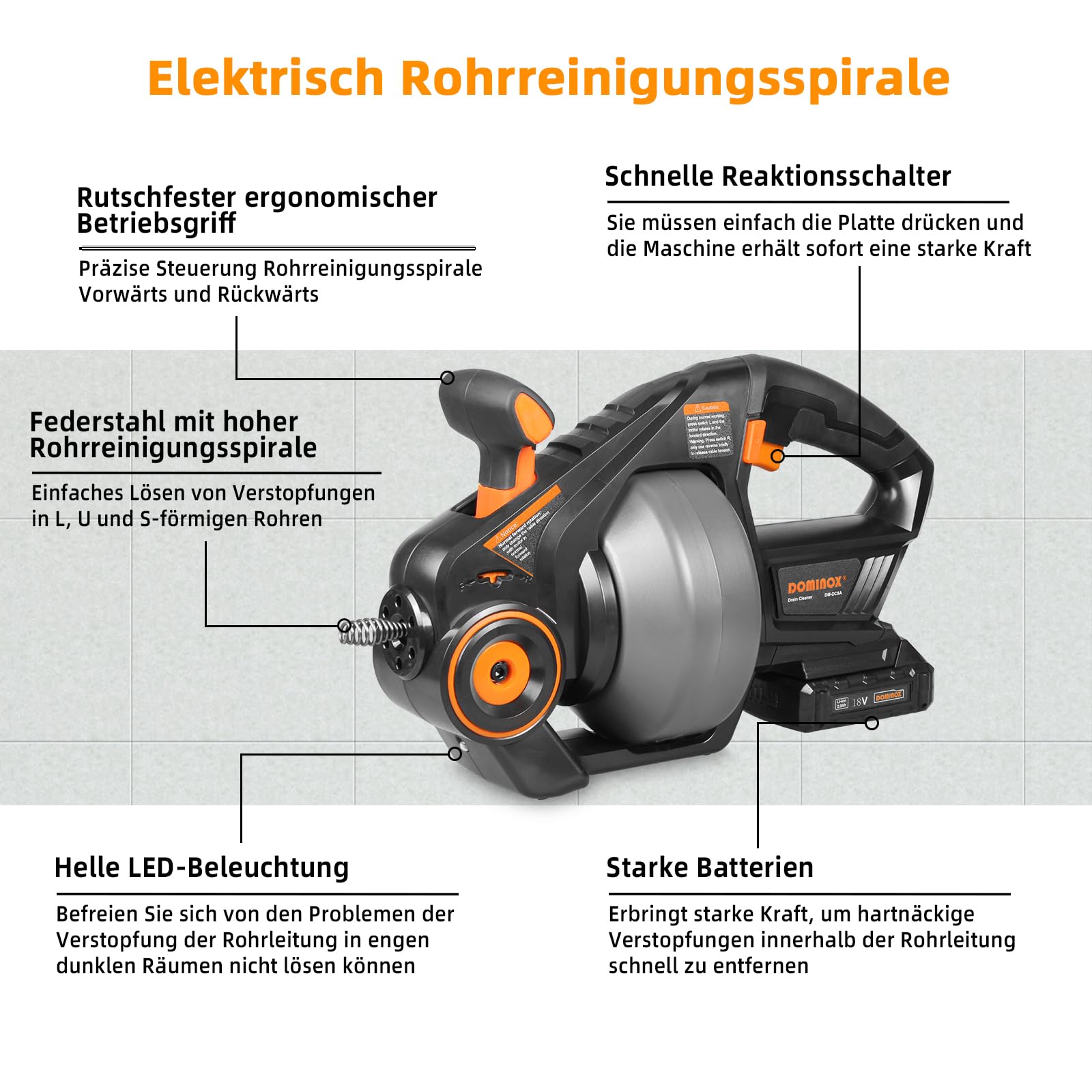 18V Akku Rohrreinigungsspirale, 7,6m Elektrisch Abflussreiniger Spirale, Rohrreiniger Spirale Zum Entblocken von Toilette, Badezimmer, Waschbecken Abflussrohre (Einschließlich Batterien)