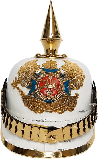 AnNafi White German Pickelhaube Spike Helmet | Leather Pickelhaube Imperial Prussian Helmet | Brass Military Officer Mens Costume | WWI & WWII Army Helmets Replica LARP Re-Enactment Cosplay Costumes