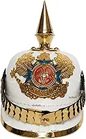 Capacete de espiga de Pickelhaube alemão branco AnNafi | Capacete de couro Pickelhaube Imperial Prussiano | Fantasia masculina de oficial militar de latão | Capacetes do exército WWI e WWII réplica LARP Re-Enactment Cosplay
