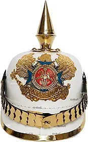 Capacete de espiga de Pickelhaube alemão branco AnNafi | Capacete de couro Pickelhaube Imperial Prussiano | Fantasia masculina de oficial militar de latão | Capacetes do exército WWI e WWII réplica LARP Re-Enactment Cosplay