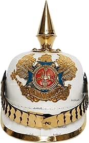 Capacete de espiga de Pickelhaube alemão branco AnNafi | Capacete de couro Pickelhaube Imperial Prussiano | Fantasia masculina de oficial militar de latão | Capacetes do exército WWI e WWII réplica LARP Re-Enactment Cosplay
