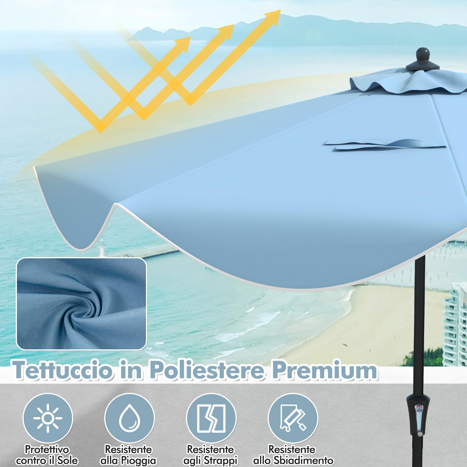 RELAX4LIFE Ombrellone da Giardino 270cm, Parasole da Esterno con 8 Stecche, Inclinazione Regolabile, per Giardino, Spiaggia e Balcone (Blu-Stile2)