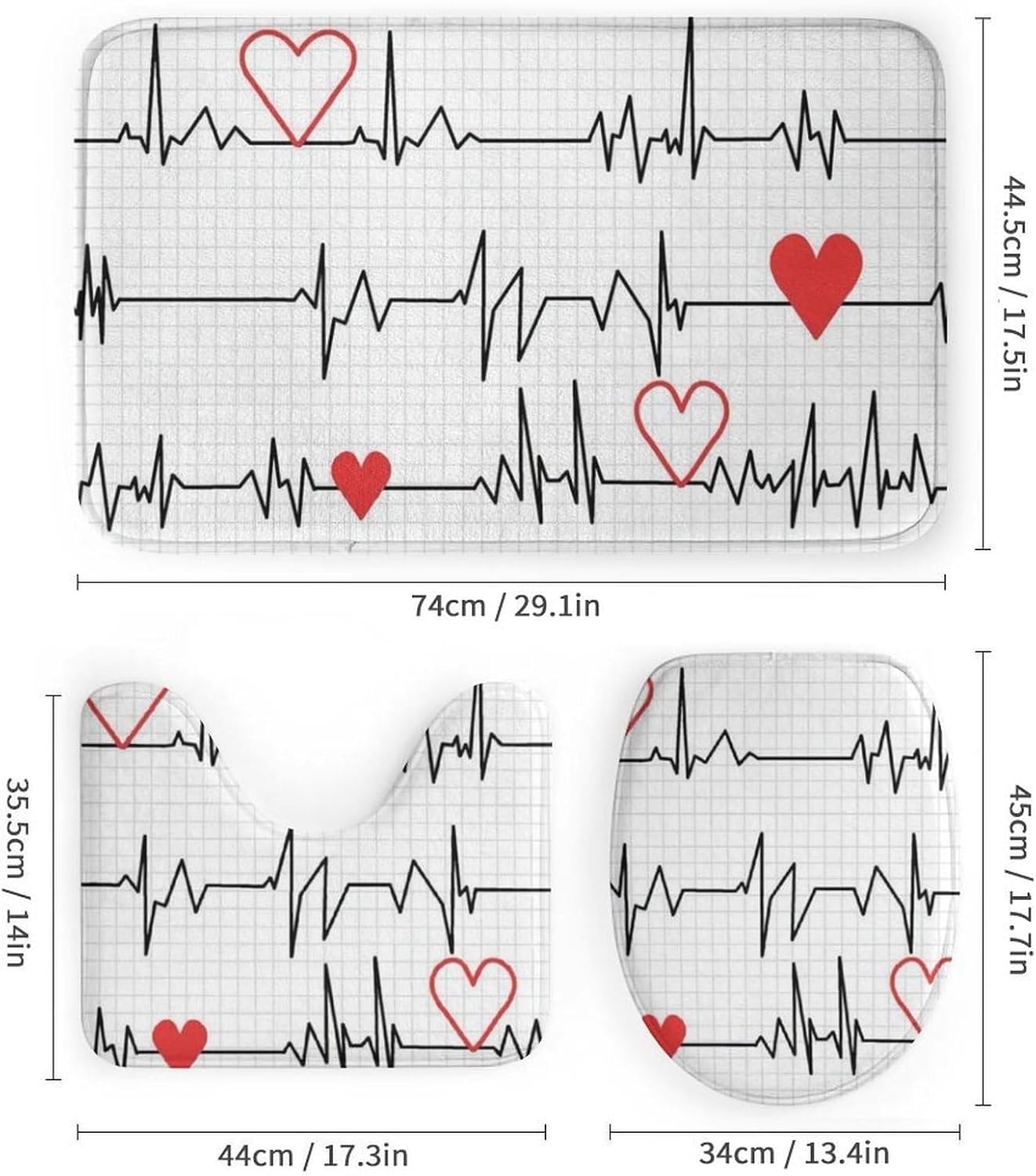 Calling Nurses White Heart Beat Bathroom Four Piece Set, Including Floor Mat and Shower Curtain