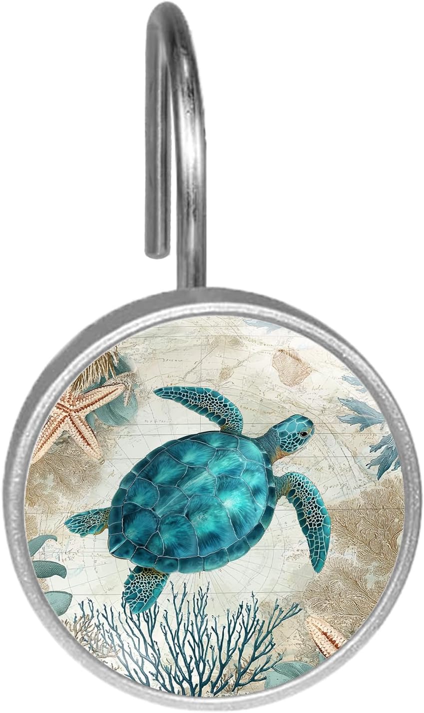 Vintage Turquoise Sea Turtle Shower Curtain Hooks Set of 12 | Nautical Ocean Theme Bathroom Decor Rustproof Metal Decorative Shower Hooks Rings for Curtains Rods