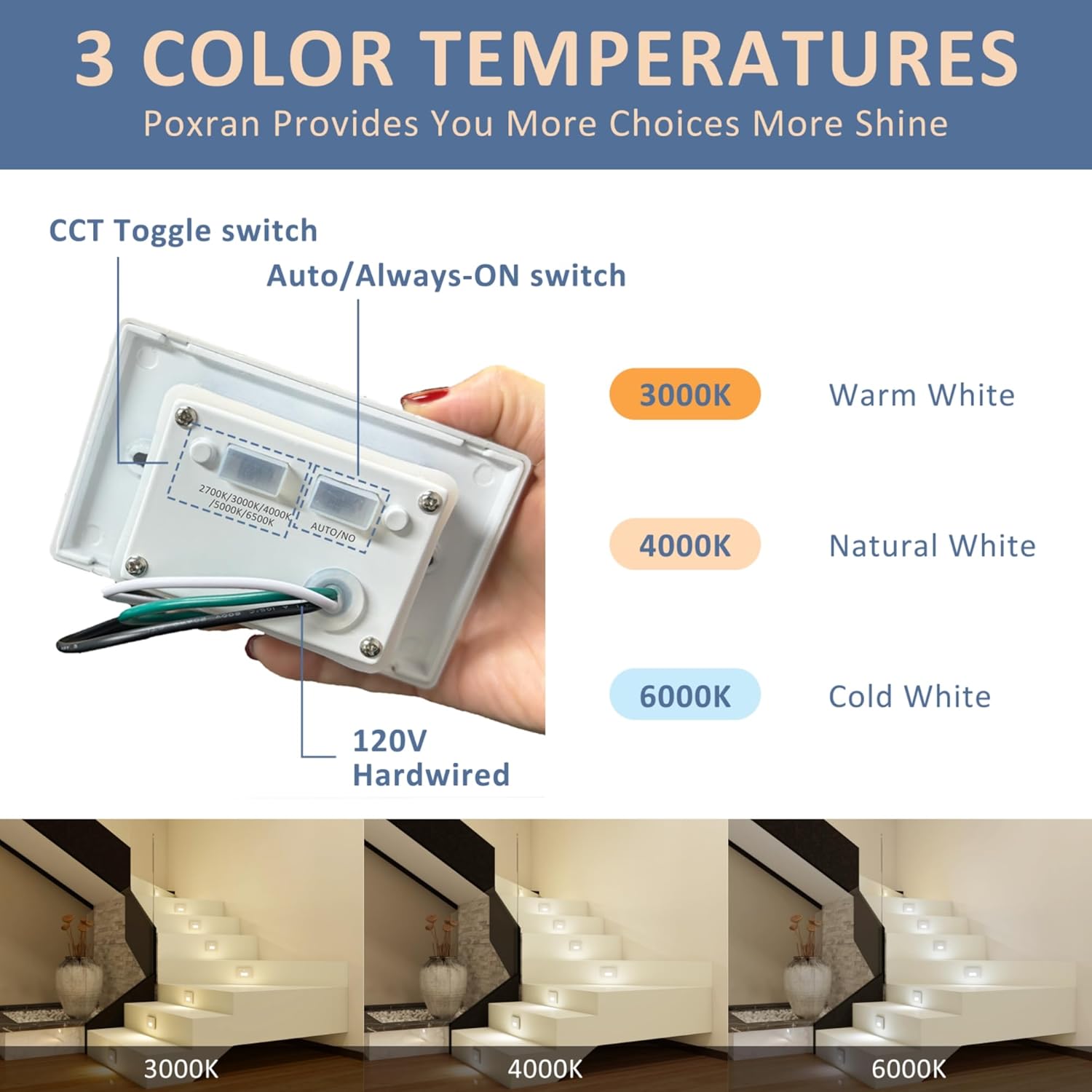 12 Pack Motion Sensor LED Step Lights, 3CCT Adjustable 3000K/4000K/6000K Stair Lights, 4W 300LM Dimmable Staircase Lighting, IP65 Waterproof for Indoor Outdoor, 120V Hardwired, ETL, White