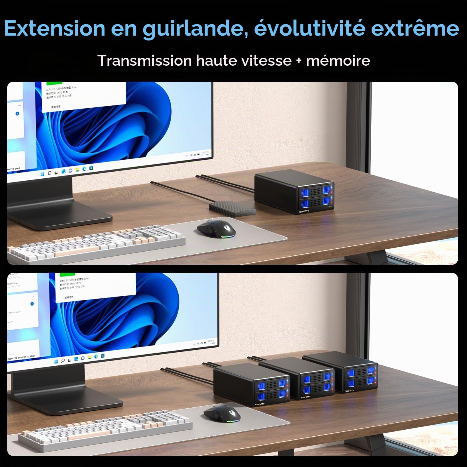 Boîtier de Disque Dur, CENMATE Aluminium Boîtier 2 Baie avec Ventilateur SATA 2,5/3,5 HDD/SSD, USB A/C 3.0, Supportant l'échange à Chaud, l'extension en Chaîne, Boîtier HDD,DAS (NO Raid/NAS)