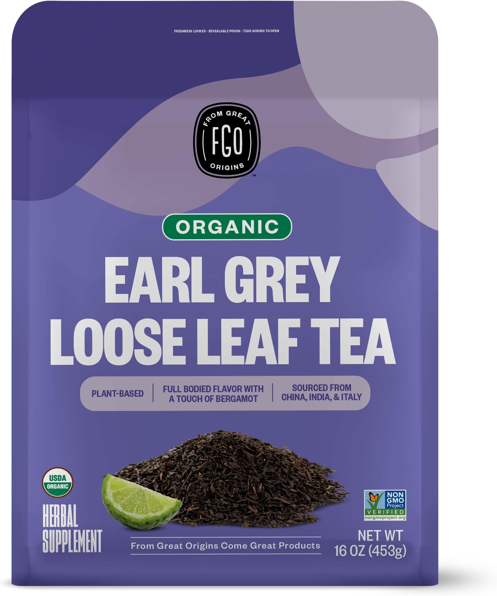 FGO Organic Earl Grey Black Tea, 16 Ounce Loose Leaf Bulk Resealable Bag, 16oz, Packaging May Vary (Pack of 1)