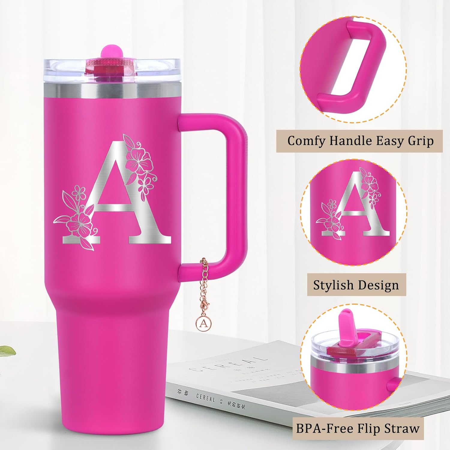 Personalized 40 oz Monogrammed Tumbler with Handle and Flip Straw Lid, 100% Leak Proof stainless steel Insulated Tumbler, Customized Initial Funny Gifts for Women Mom Sisters Coworker, A - Image 4