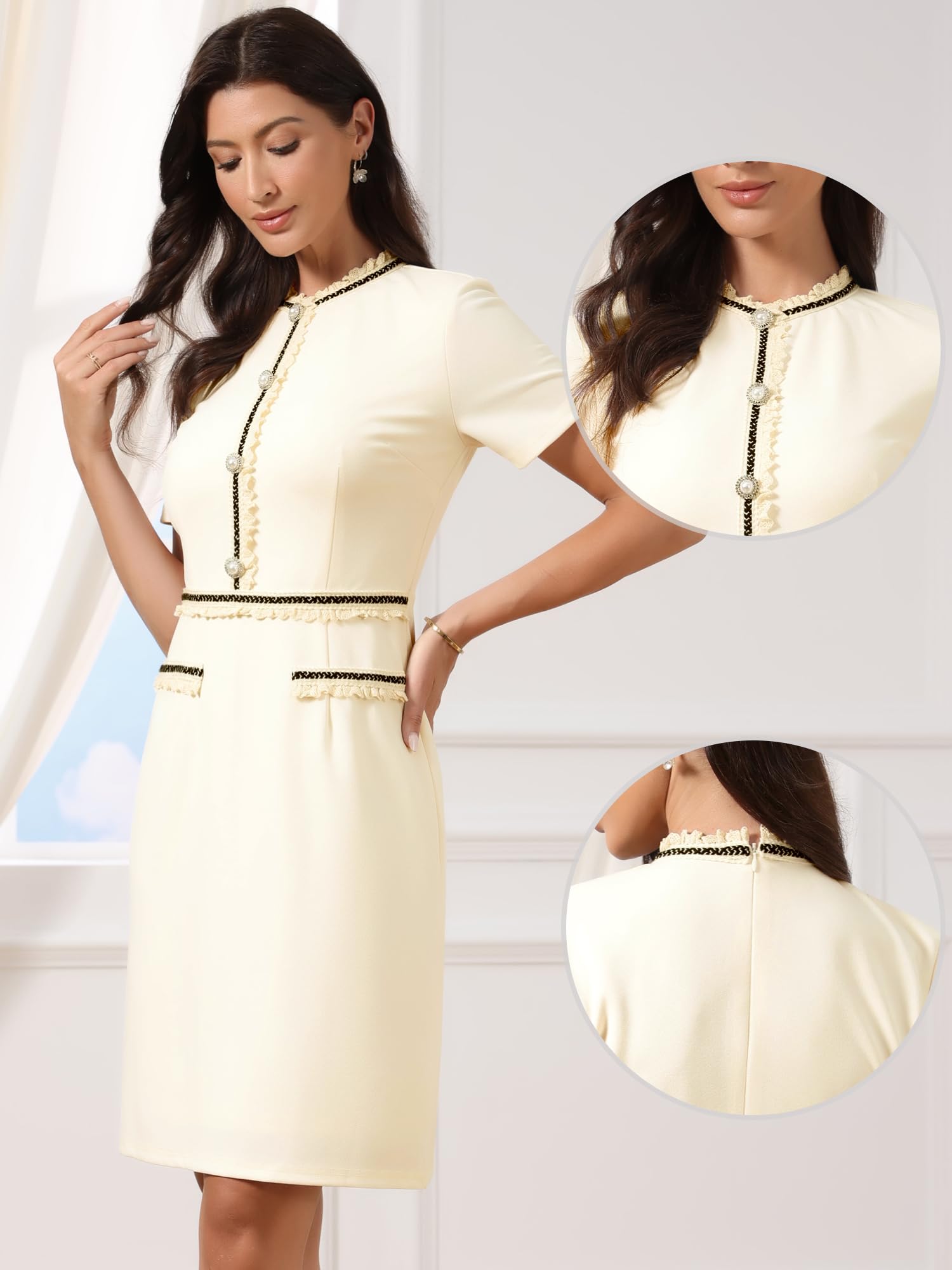 Allegra K Damen Midikleid Kurzärm Rundhals Perlen Figurbetont Elegant Business Arbeit Kleider
