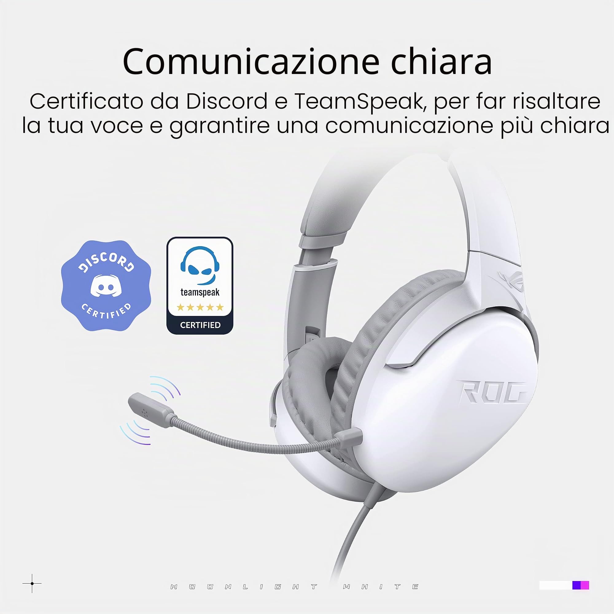 ASUS ROG Strix Go Core Moonlight White Cuffia Gaming jack 3.5mm, Audio Alta Risoluzione, Microfono Cancellazione Rumore, Driver 40 mm, Design Leggero, Per PC, Switch, PS5 e Dispositivi Mobile, Bianco