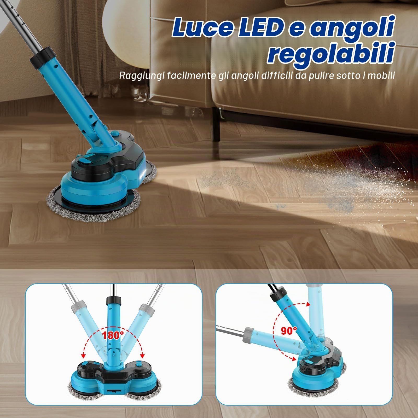Mocio Elettrico Senza Fili con 2 batterie da 2000 mAh, Lavapavimenti Elettrico con Faro LED, 300 ML Serbatoio, lavapavimenti Mocio Lavapavimenti per Pavimenti in Legno Duro, Piastrelle e Laminato
